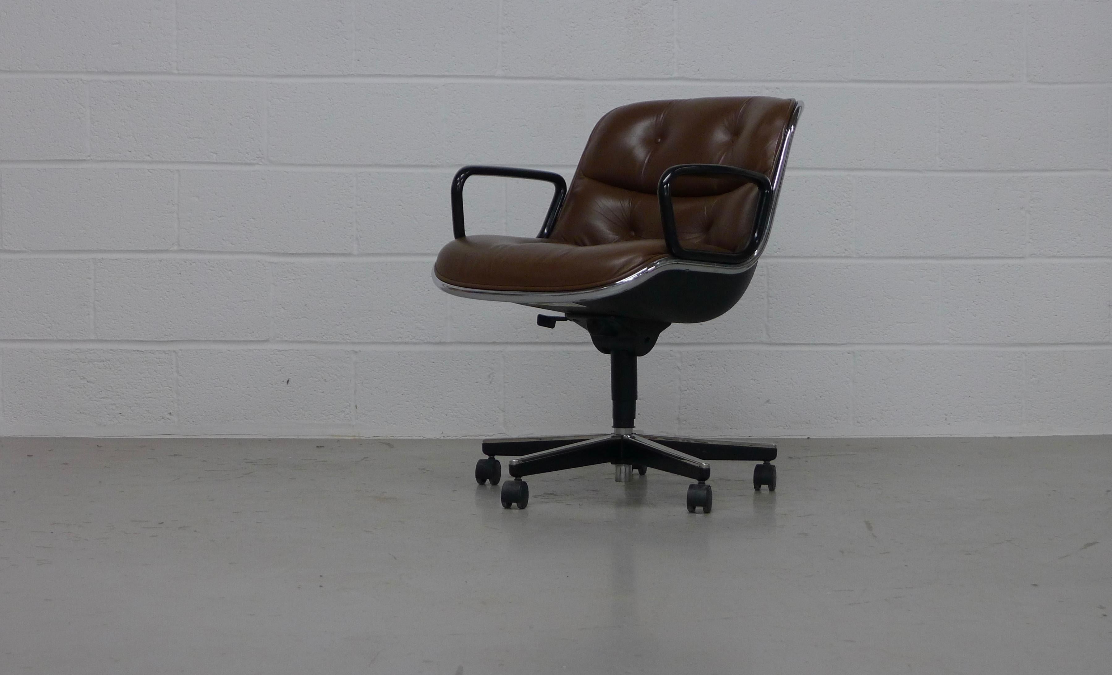 American Charles Pollock Office Chairs in Brown Leather, Knoll Labels