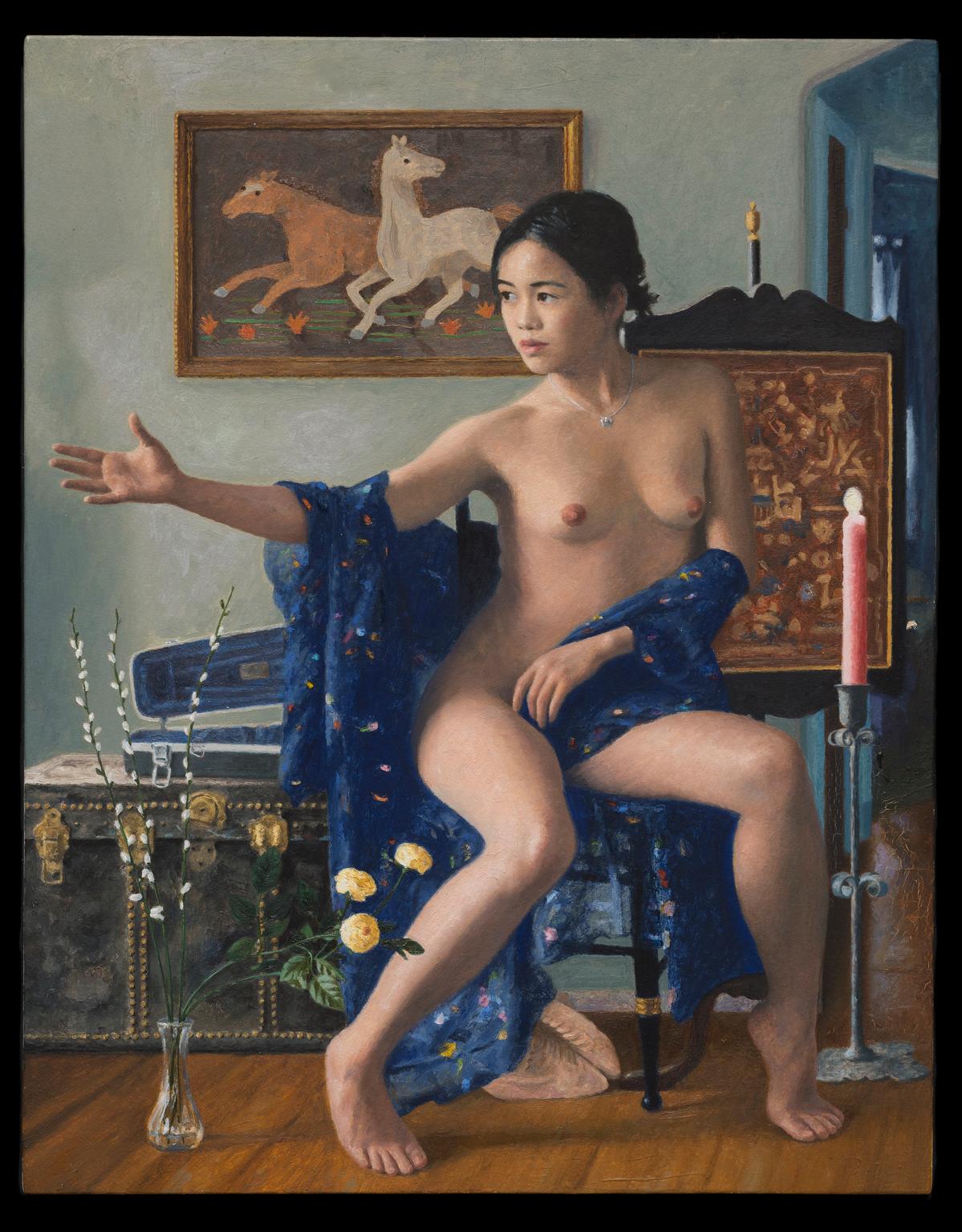 Charles Pompilius, figurativer junger weiblicher Akt, Ölgemälde auf Tafel im Angebot 1