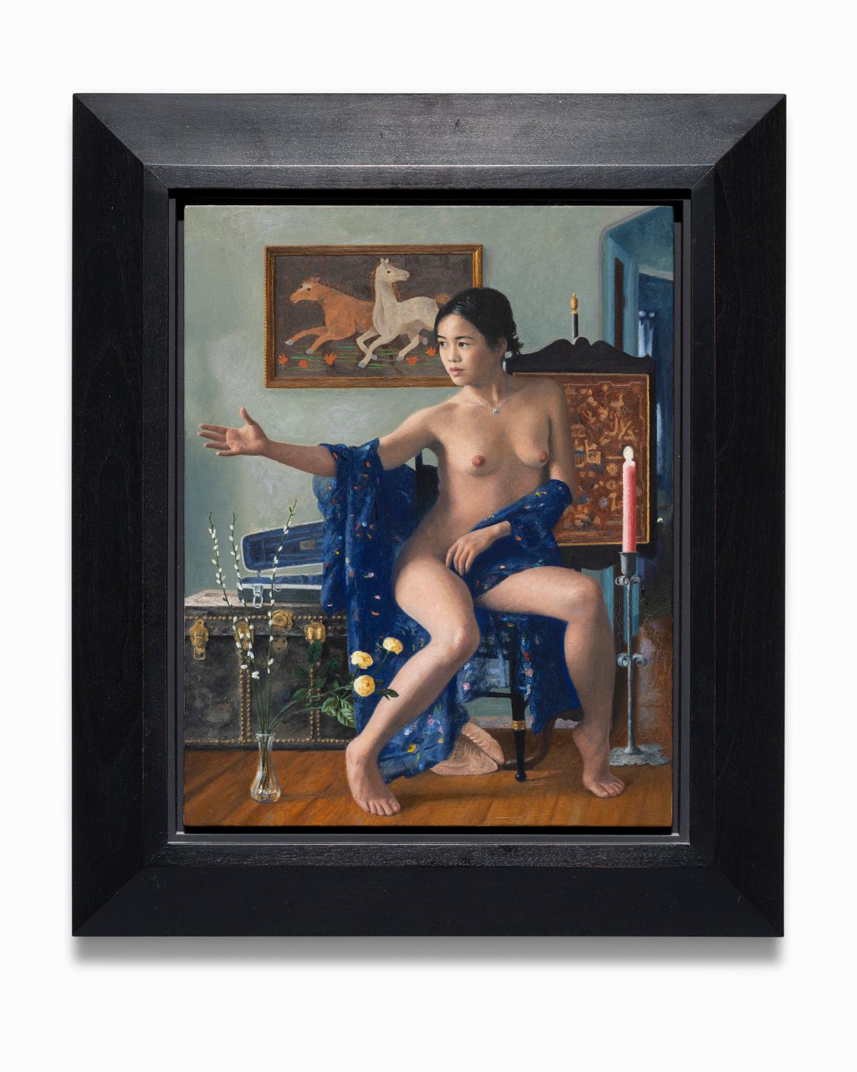 "Ohne Titel" zeigt einen jungen weiblichen Akt in einer intimen Umgebung im Studio des Künstlers. Dieses Gemälde ist in der klassischen Art des vollständigen Porträts gemalt. Das Modell steht jedoch nicht still da, sondern ist mit einer Person oder