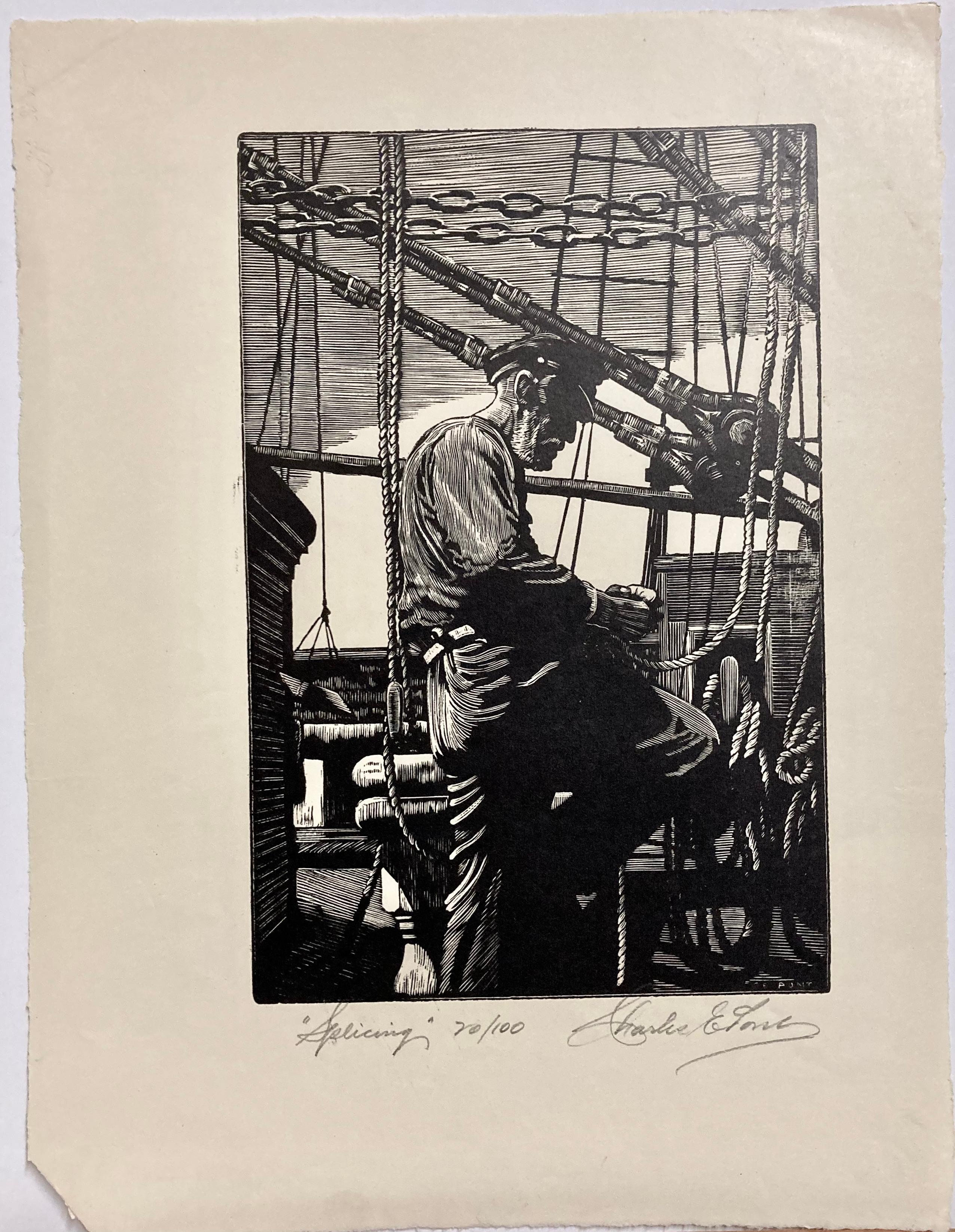 An old sailor is shown at work on a what must be a huge sailing vessel. He's splicing, or joining ropes together -- probably still a useful skill in the mid-1930s when this print was made.

Charles Pont was a master wood engraver and the extremely