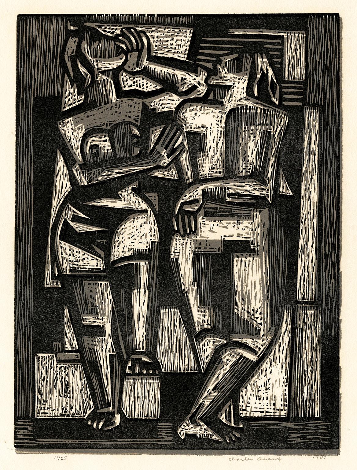 Charles Quest Abstract Print - 'Two Women' — American Mid-Century Modernism