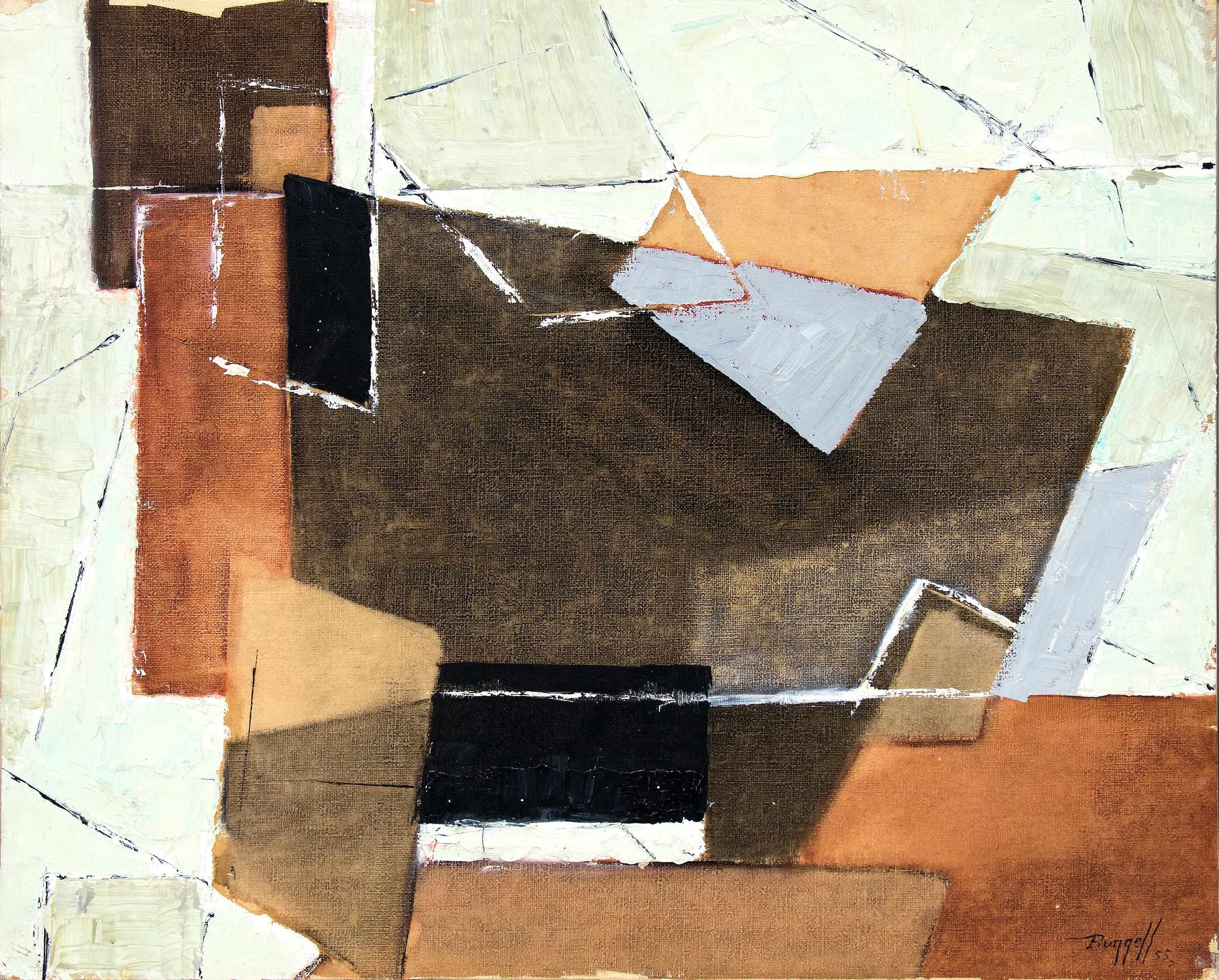 Abstrakt-expressionistisches Ölgemälde aus den 1950er Jahren, Blau, Braun, Orange, Salbeigrün (Abstrakter Expressionismus), Painting, von Charles Ragland Bunnell