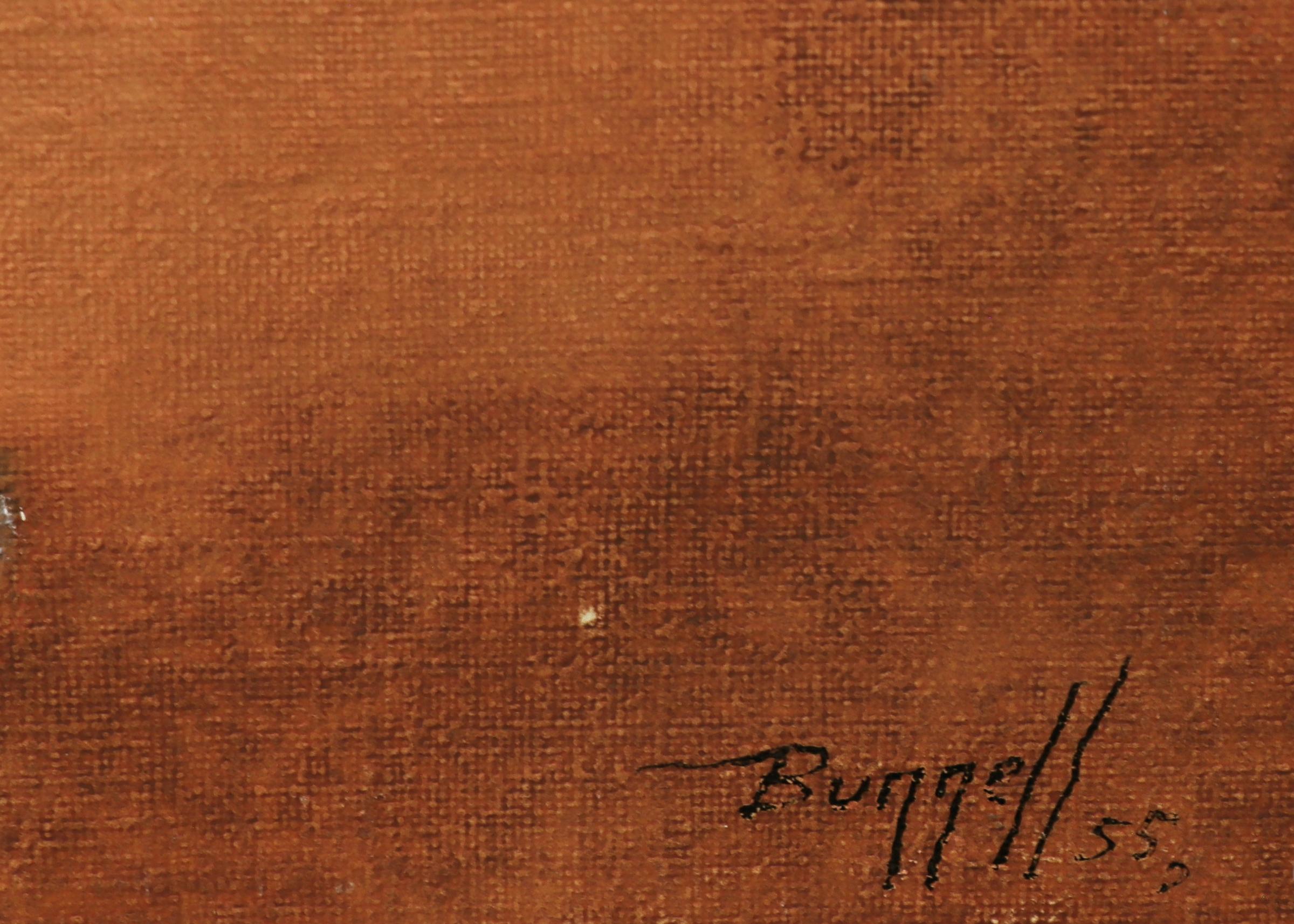 Abstraktes expressionistisches Ölgemälde auf Karton aus dem Jahr 1955 von Charles Bunnell. Abstrakte Formen in Schichten von Salbeigrün, Hellblau, Braun, Gold und Schwarz. Präsentiert in einem maßgeschneiderten Rahmen, Außenmaße messen 16 ¼ x 20 ¼