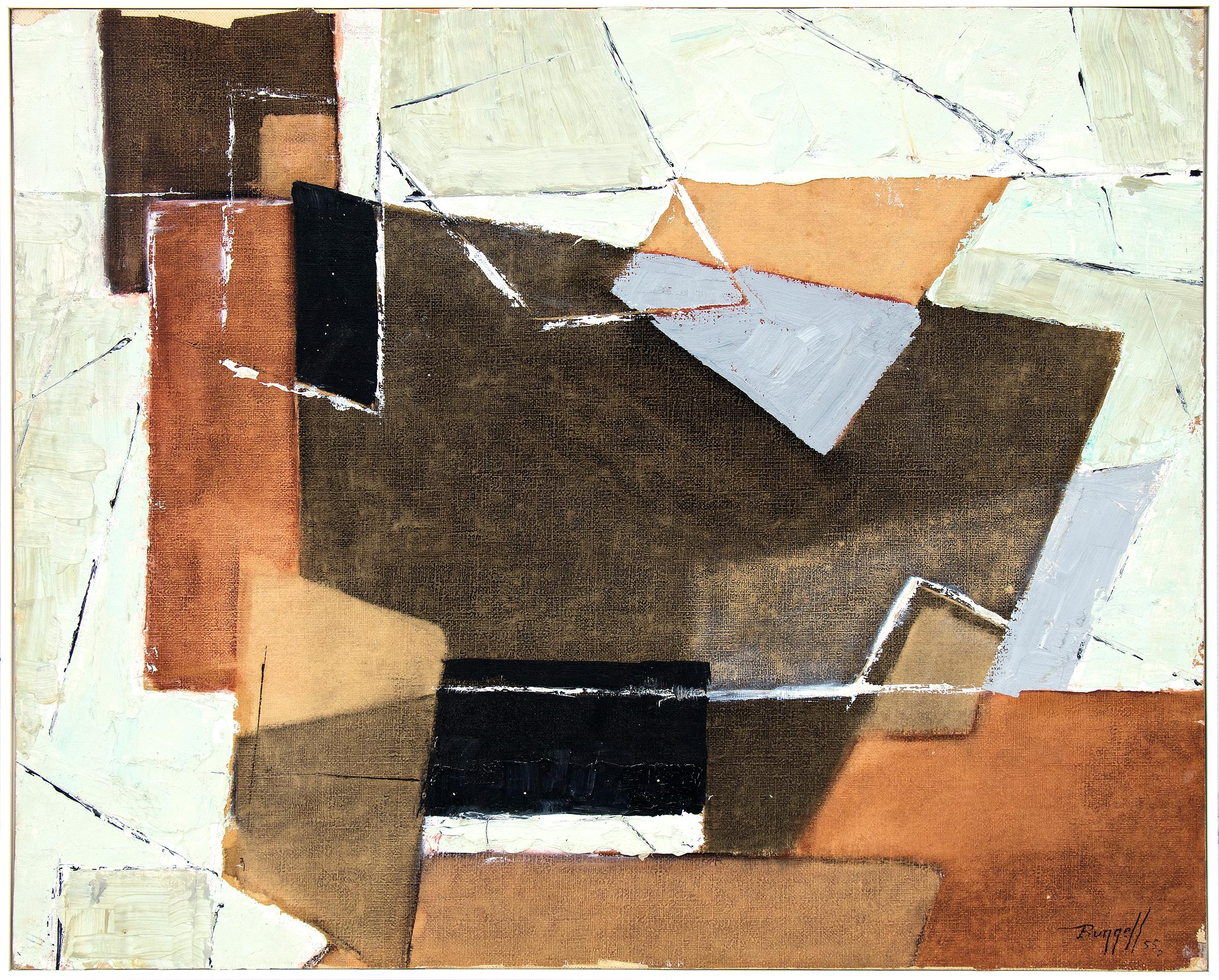 Abstrakt-expressionistisches Ölgemälde aus den 1950er Jahren, Blau, Braun, Orange, Salbeigrün – Painting von Charles Ragland Bunnell