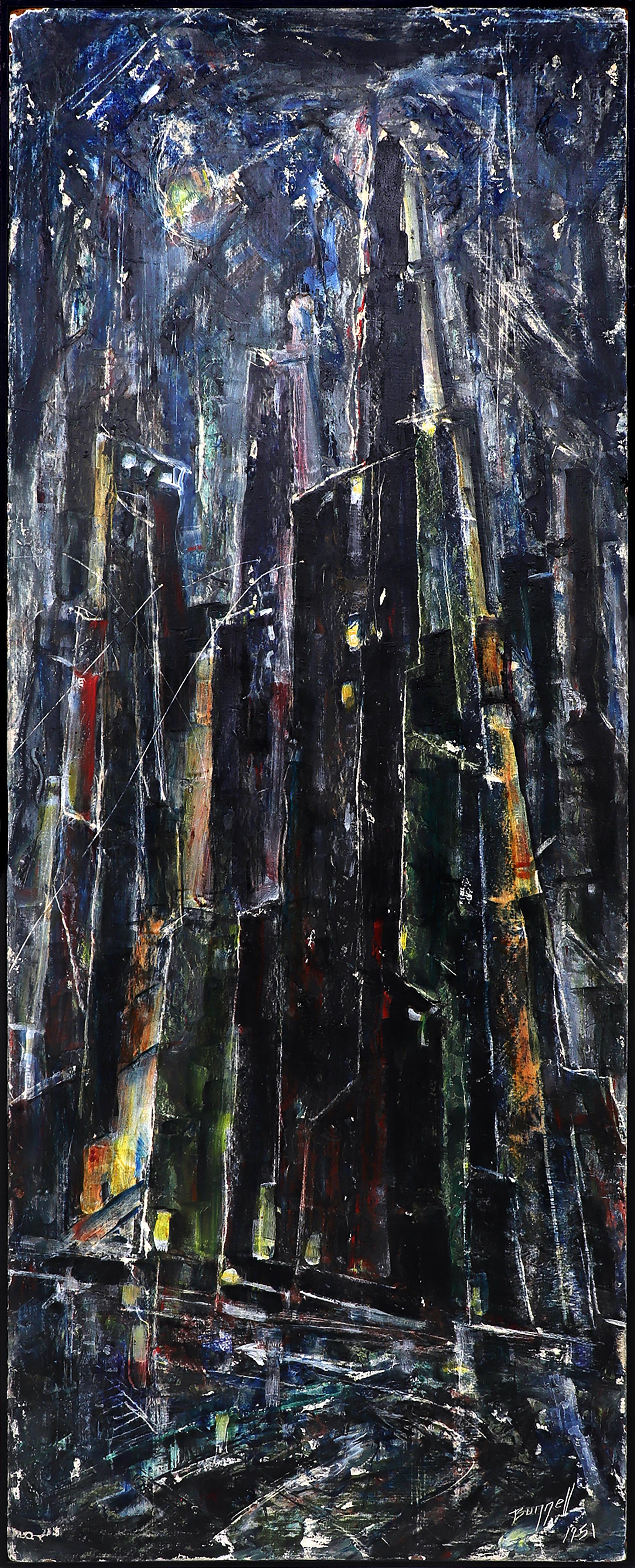 1950s New York City Abstract Skyline - Moody Night Cityscape peinture à l'huile