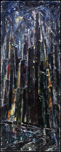 1950s New York City Abstract Skyline - Moody Night Cityscape Oil Painting