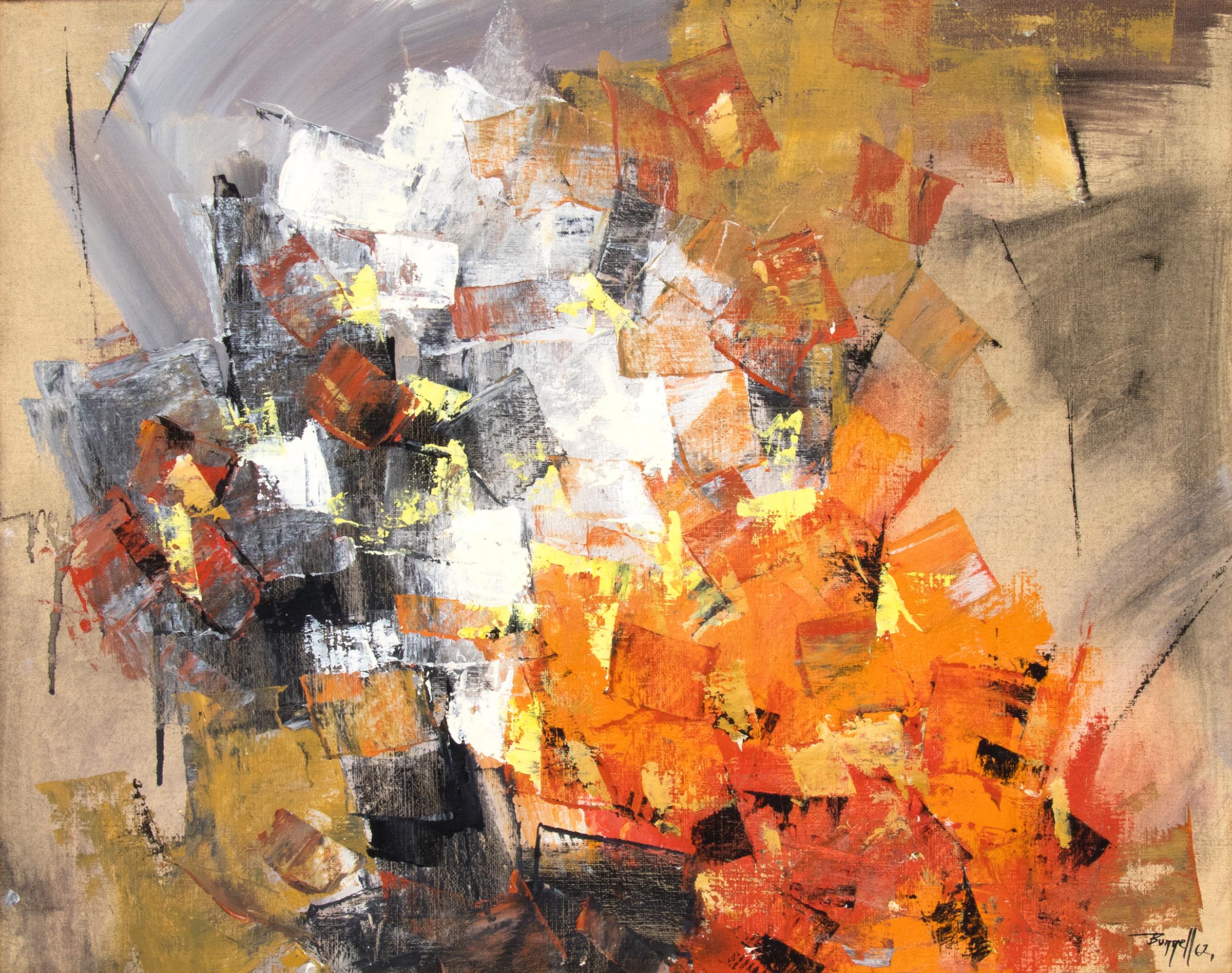 Pittura ad olio espressionista astratta degli anni '60, arancione, rosso, bianco, nero, oro - Painting di Charles Ragland Bunnell