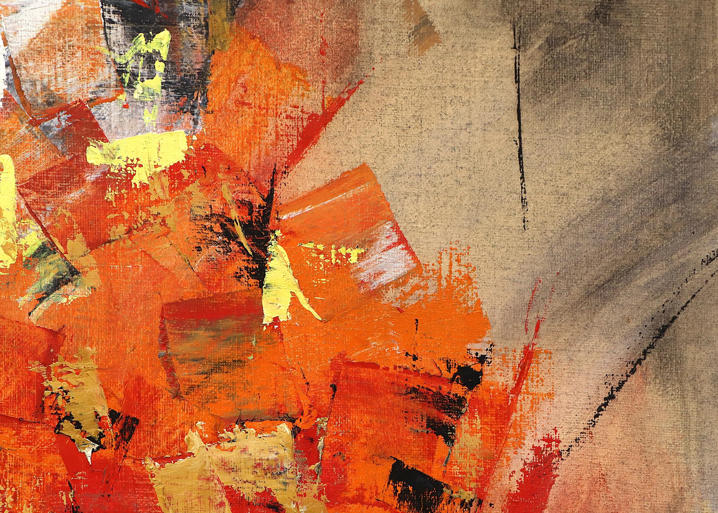 Olio su carta, dipinto astratto su tavola in arancione, rosso, bianco, nero e oro, realizzato nel 1963 da Charles Ragland Bunnell (1897-1968). Firmato e datato dall'artista in basso a destra. Presentato in una cornice vintage personalizzata, le