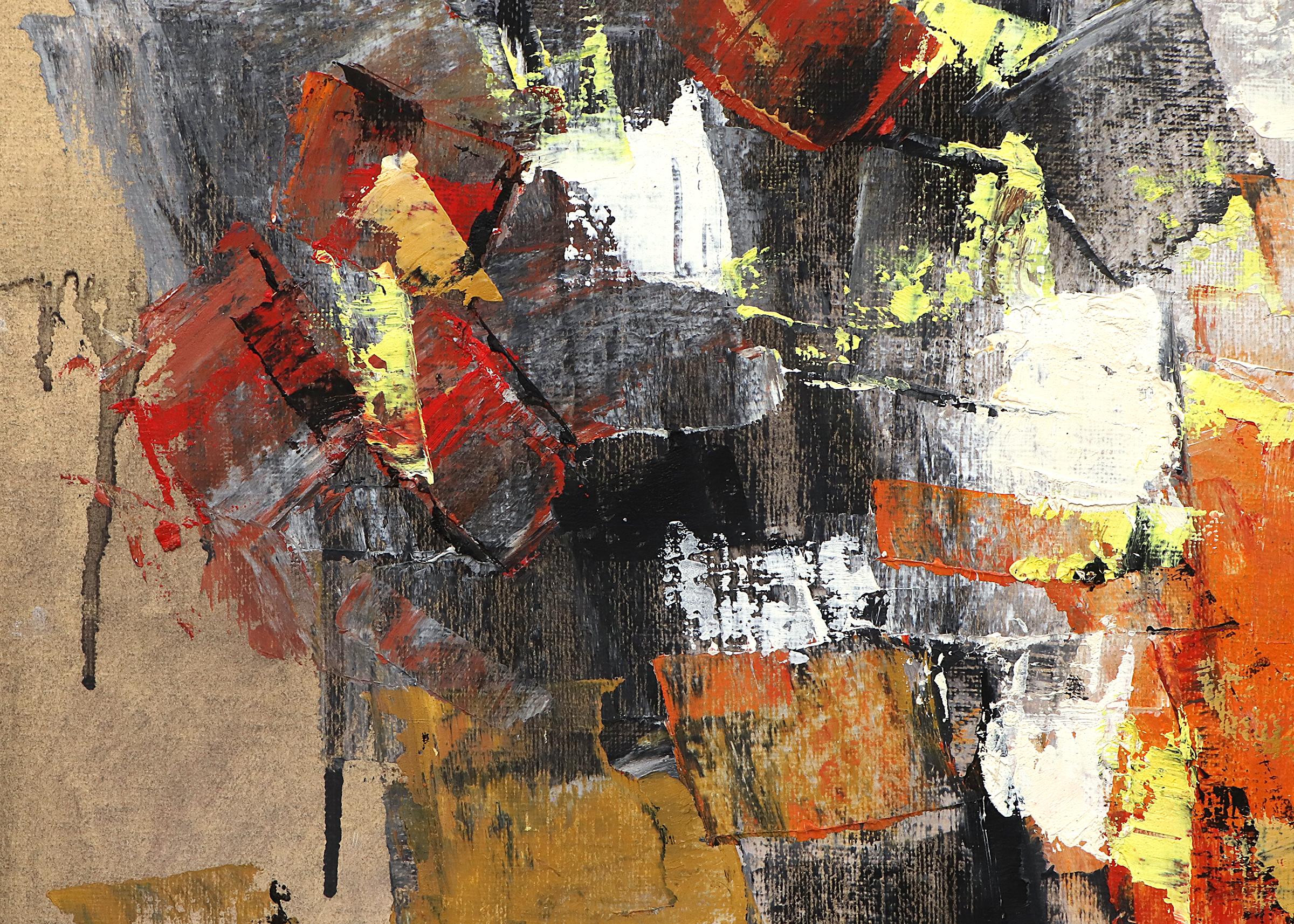 Pittura ad olio espressionista astratta degli anni '60, arancione, rosso, bianco, nero, oro 1