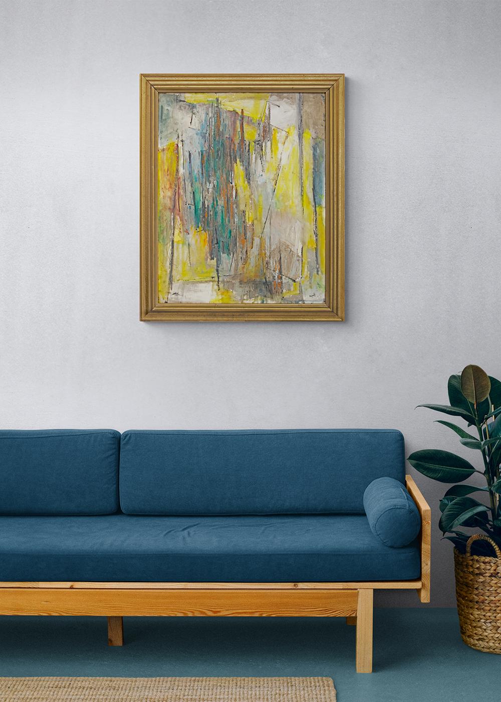 Abstrakt-expressionistische Komposition aus den 1950er Jahren, Ölgemälde aus der Mitte des Jahrhunderts, Blau-Gelb  im Angebot 5