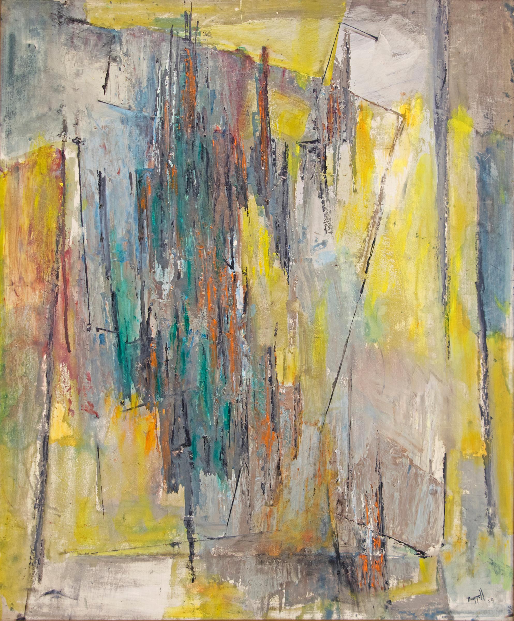 Abstrakt-expressionistische Komposition aus den 1950er Jahren, Ölgemälde aus der Mitte des Jahrhunderts, Blau-Gelb  – Painting von Charles Ragland Bunnell