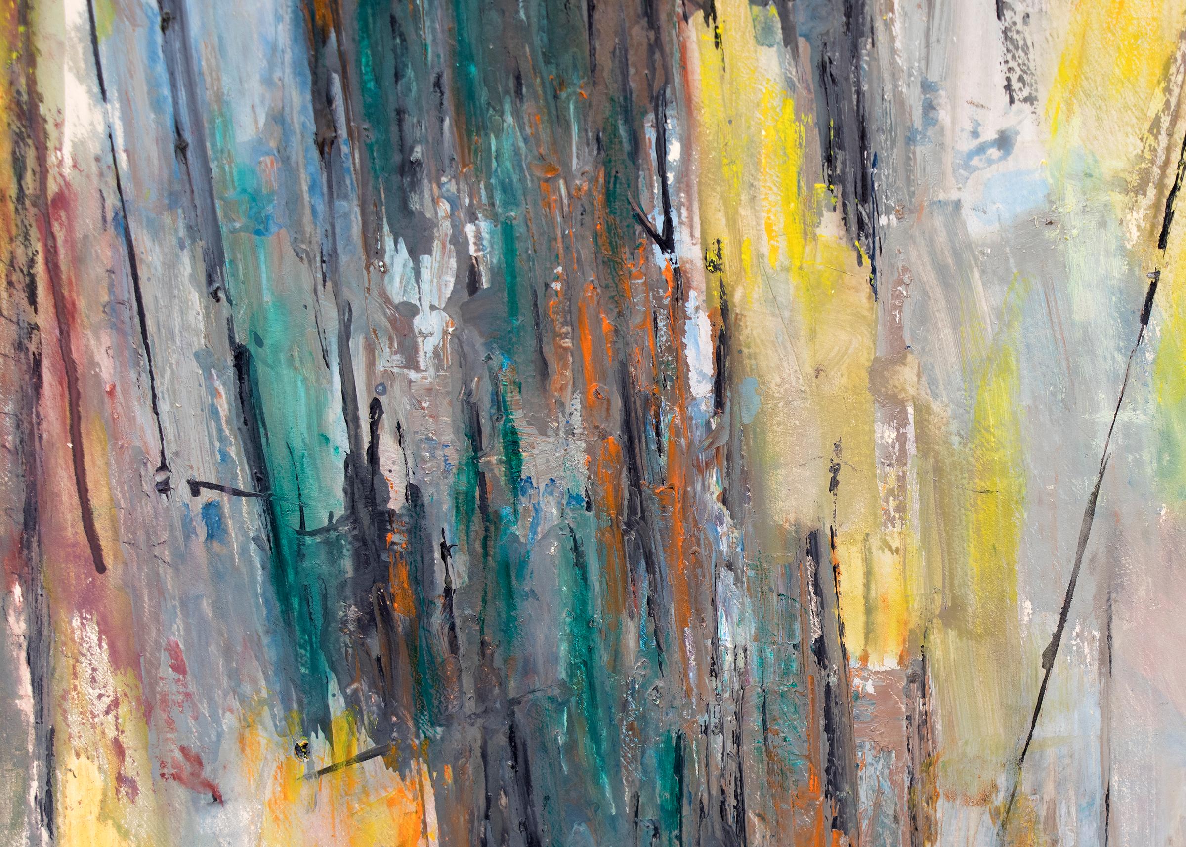 Original 1958 Mitte des Jahrhunderts moderne Ölgemälde von Charles Bunnell (1897-1968), abstrakte expressionistische Komposition in den Farben Gelb, Blau, Teal, Grün, Grau, Orange, Rot und Weiß, signiert und datiert unten rechts. Präsentiert in