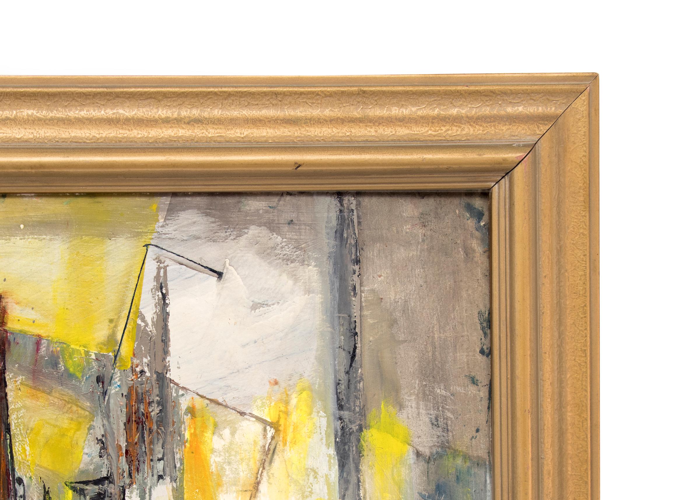 Abstrakt-expressionistische Komposition aus den 1950er Jahren, Ölgemälde aus der Mitte des Jahrhunderts, Blau-Gelb  im Angebot 3