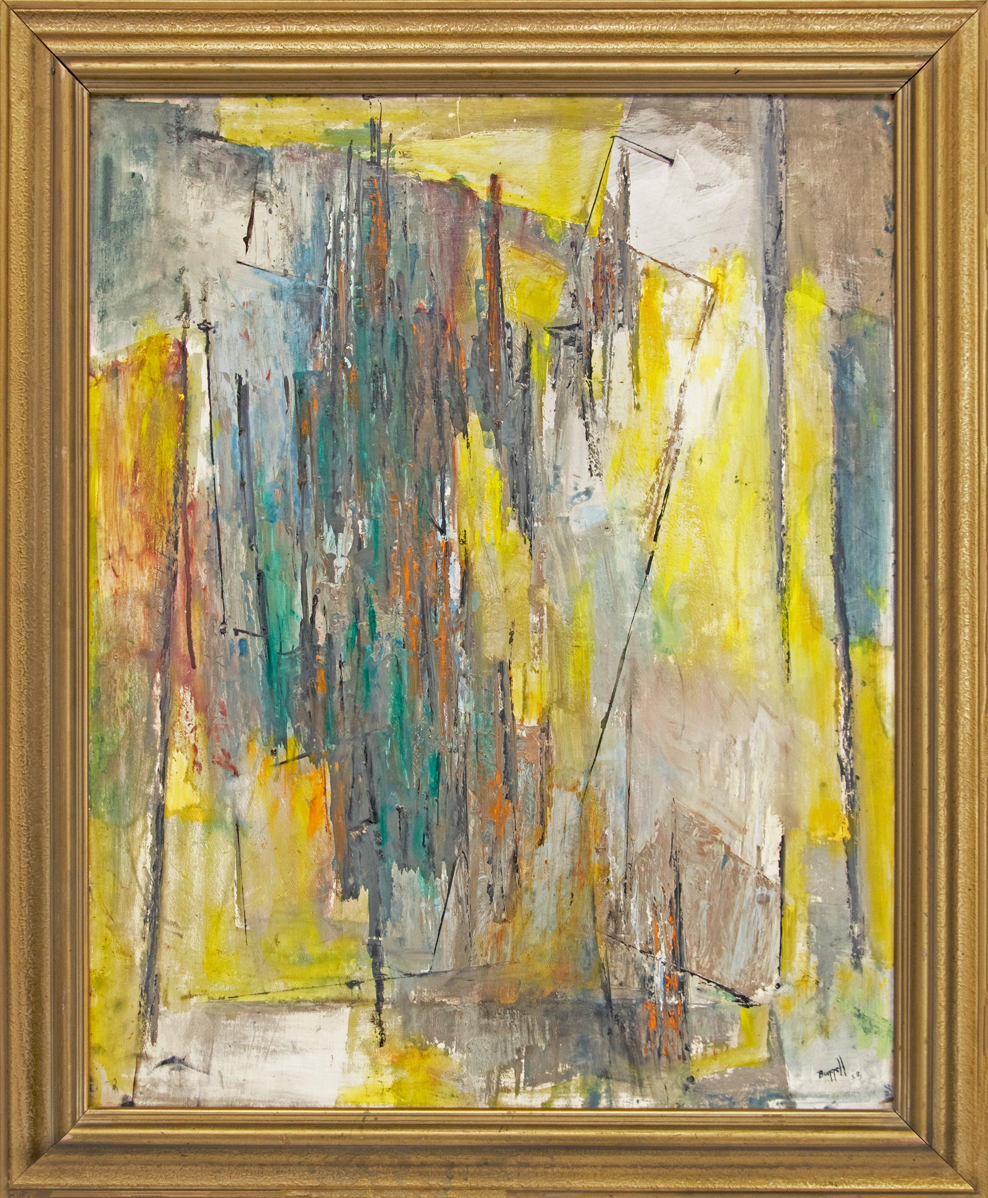 1950s Abstract Expressionist Composition, Mid Century Oil Painting, Blue Yellow 