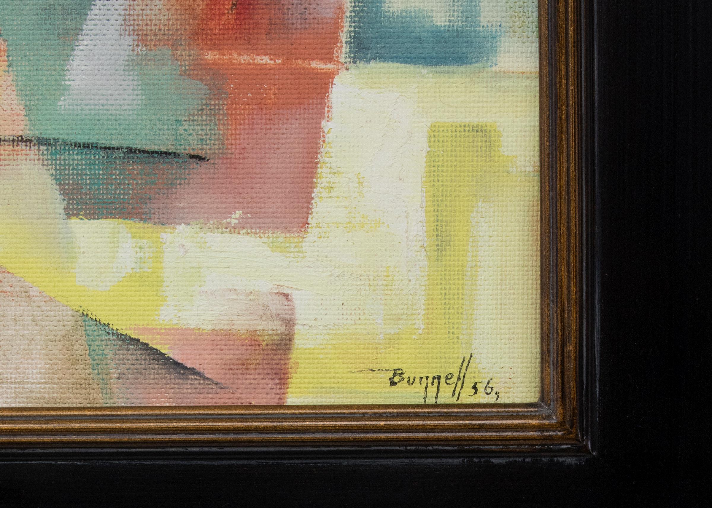 Vintage 1956 Abstract Expressionist painting by 20th century Colorado artist, Charles Bunnell (1897-1968). Painted in colors of yellow, teal blue, coral (pink/red), pale green and creamy white. Presented in a custom brown wood frame, outer
