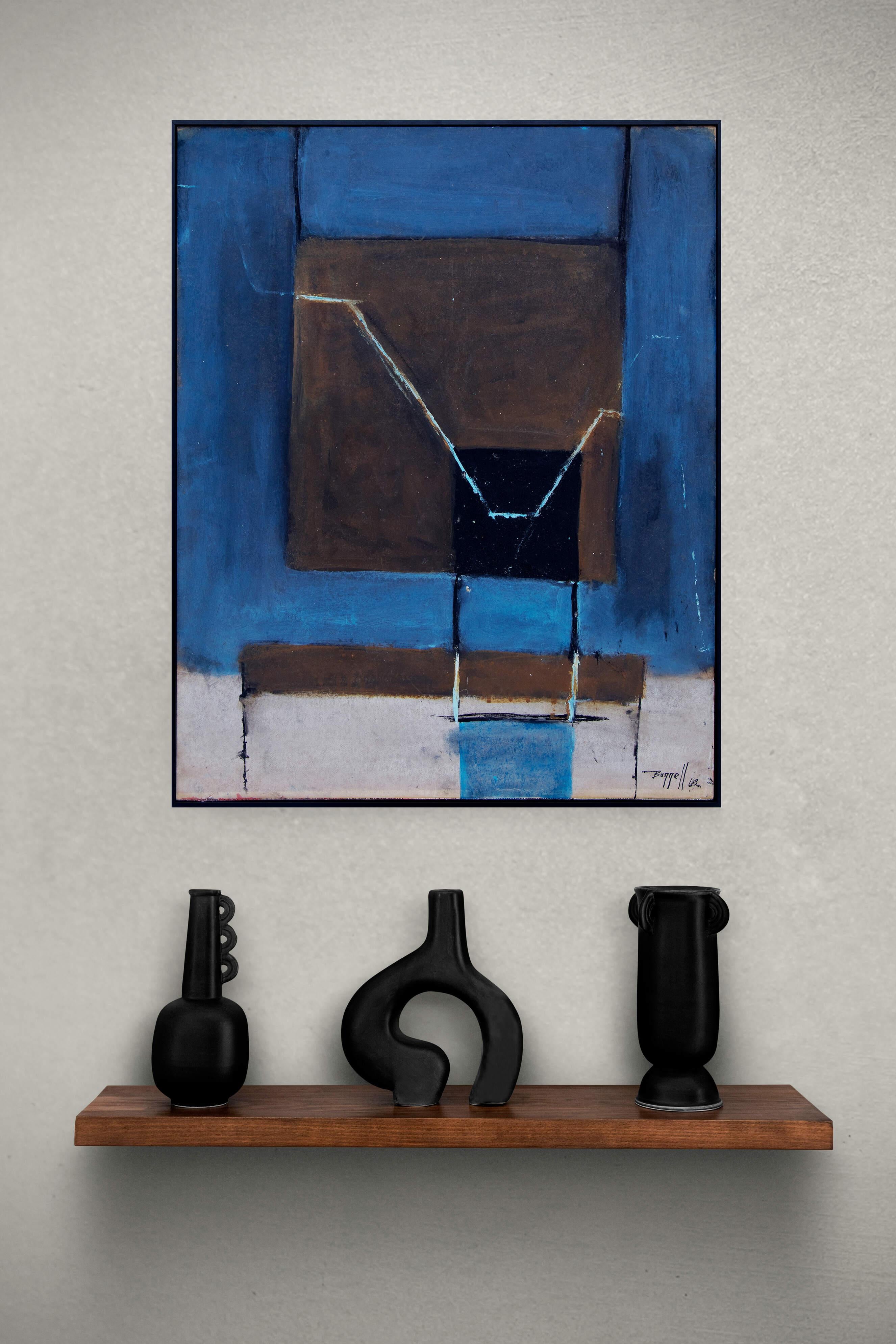 Abstract Painting in Blue, Gray & Black, Vintage 1960s Mid Century Modern Art For Sale 6