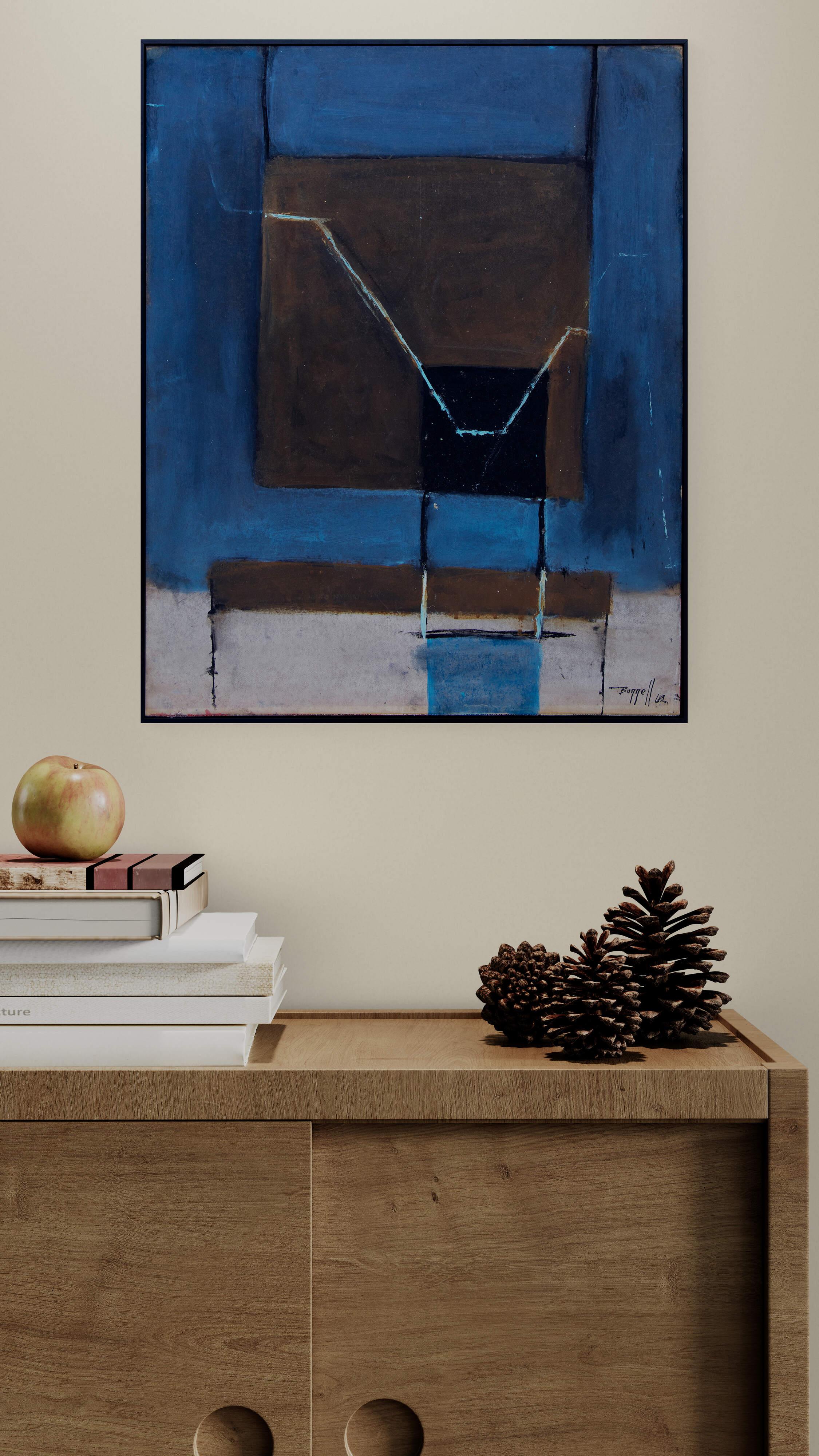 Abstract Painting in Blue, Gray & Black, Vintage 1960s Mid Century Modern Art For Sale 5