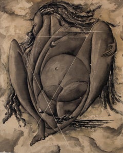 "Birth" 1940s Surrealist Abstract Watercolor Painting, Gray Scale Female Figure