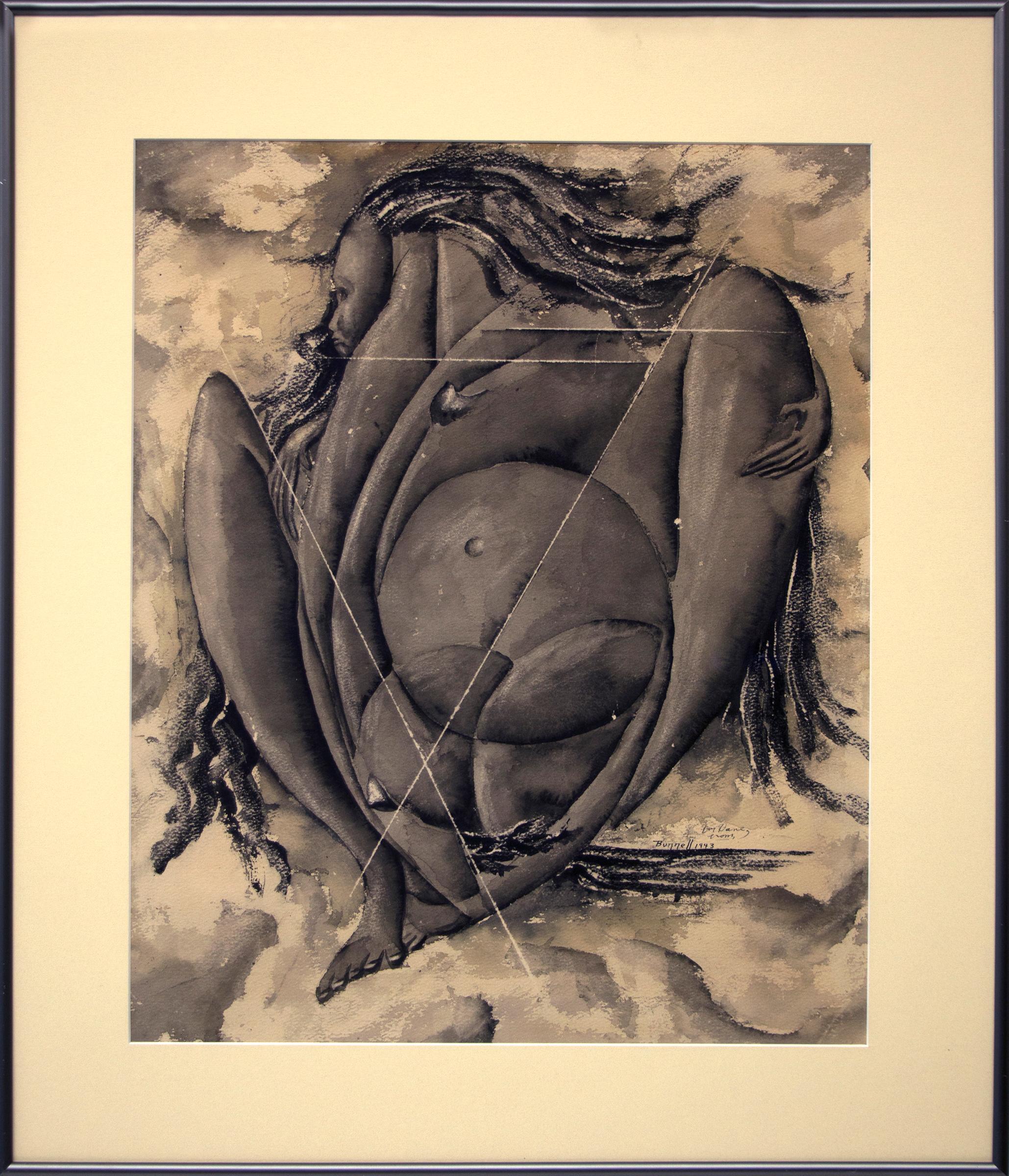 Modernistisches surrealistisches abstraktes figurales Aquarellgemälde, Birth, 1940er Jahre – Painting von Charles Ragland Bunnell