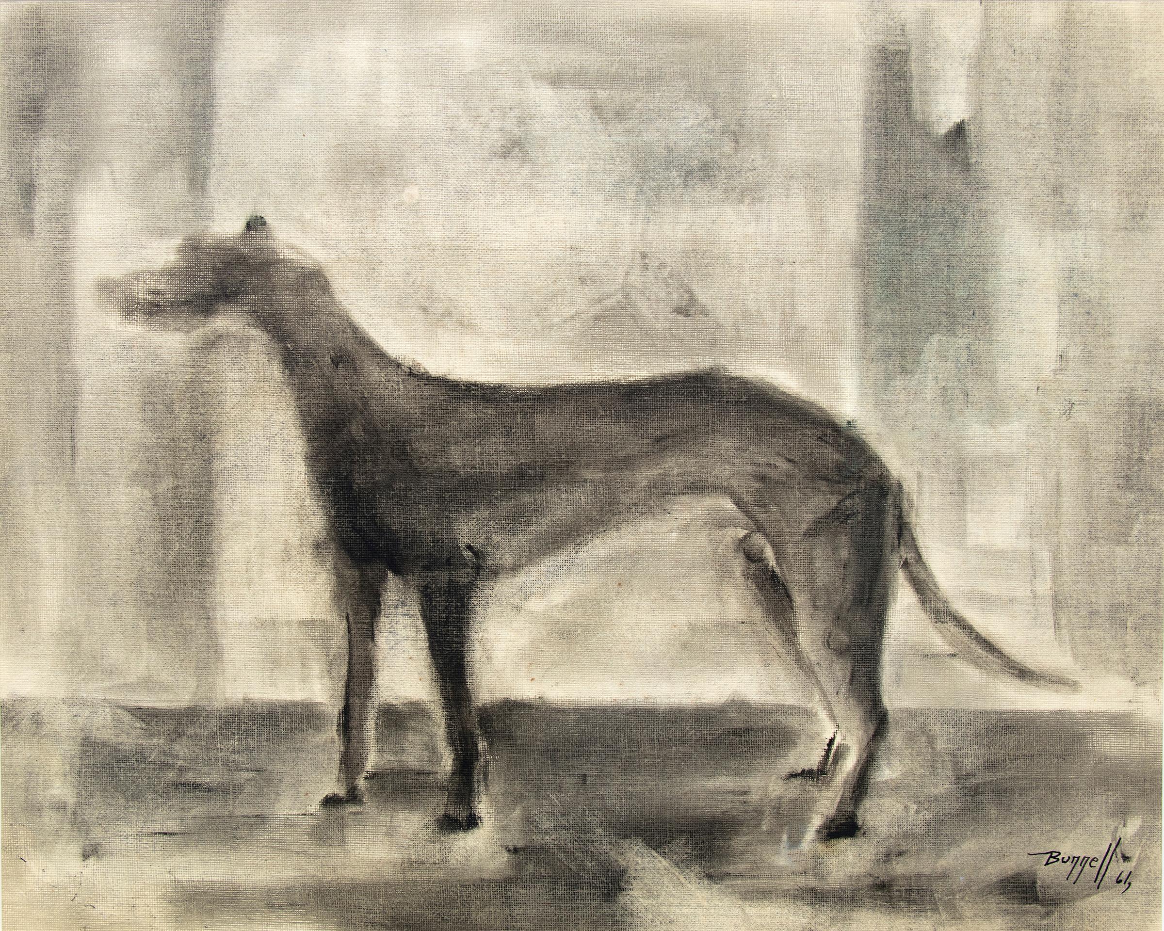 Schwarzer Hund, gerahmtes modernistisches Ölgemälde, Tierporträt, Schwarz-Weiß, 1960er Jahre – Painting von Charles Ragland Bunnell