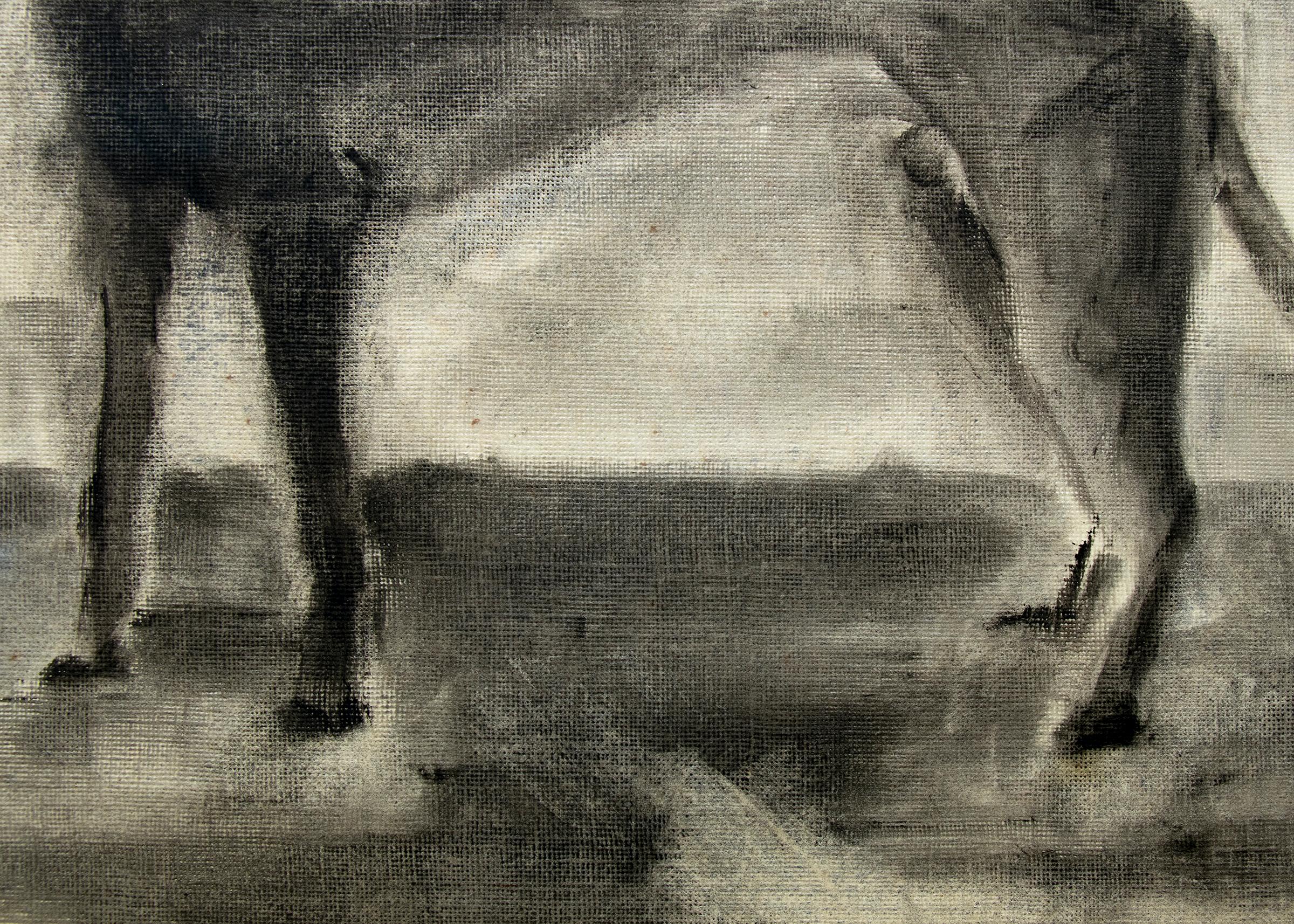 Schwarzer Hund, gerahmtes modernistisches Ölgemälde, Tierporträt, Schwarz-Weiß, 1960er Jahre (Amerikanische Moderne), Painting, von Charles Ragland Bunnell