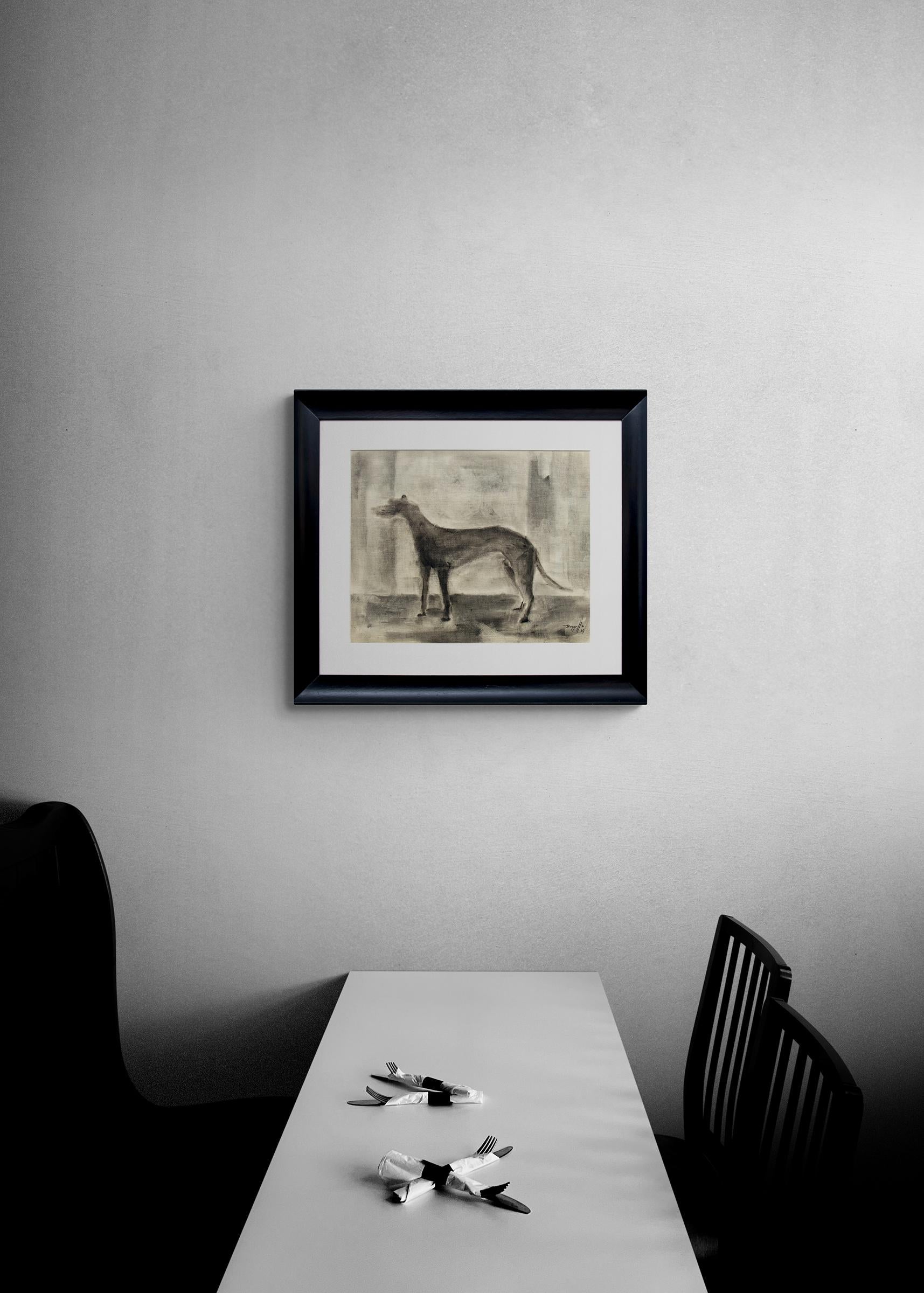Black Dog, 1960s Framed Modernist Oil Painting, Pet Portrait, Black White For Sale 5