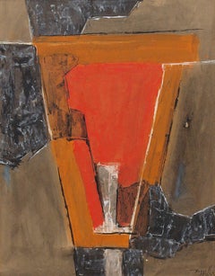 Bull III, 1960s Mid Century Abstract Oil Painting, Orange, Black, Brown