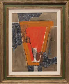 Vintage Bull III, 1960s Mid Century Abstract Oil Painting, Orange, Black, Brown
