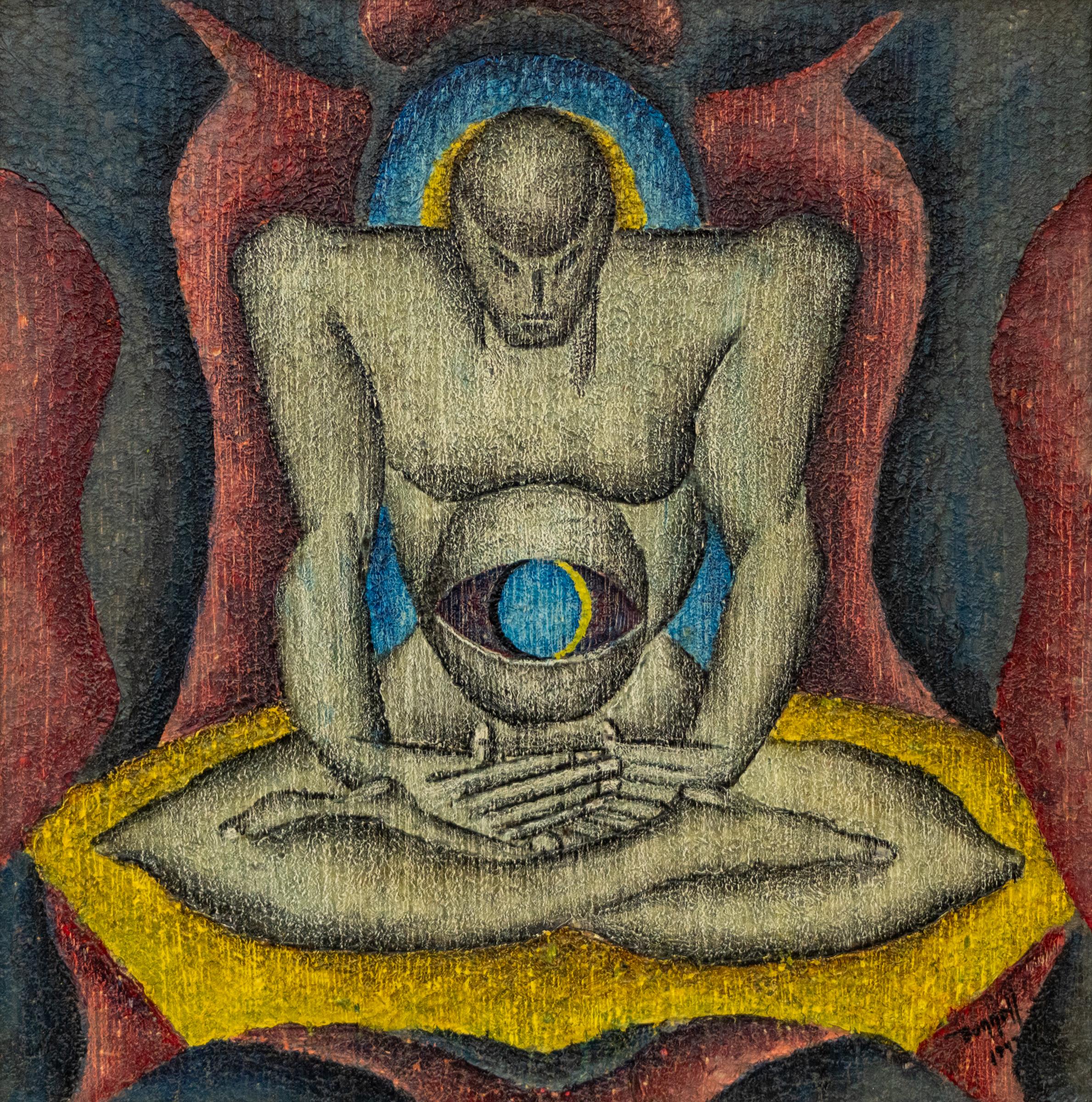 Charles Ragland Bunnell 1940 Peinture à l
huile surréaliste d
un homme avec un globe oculaire