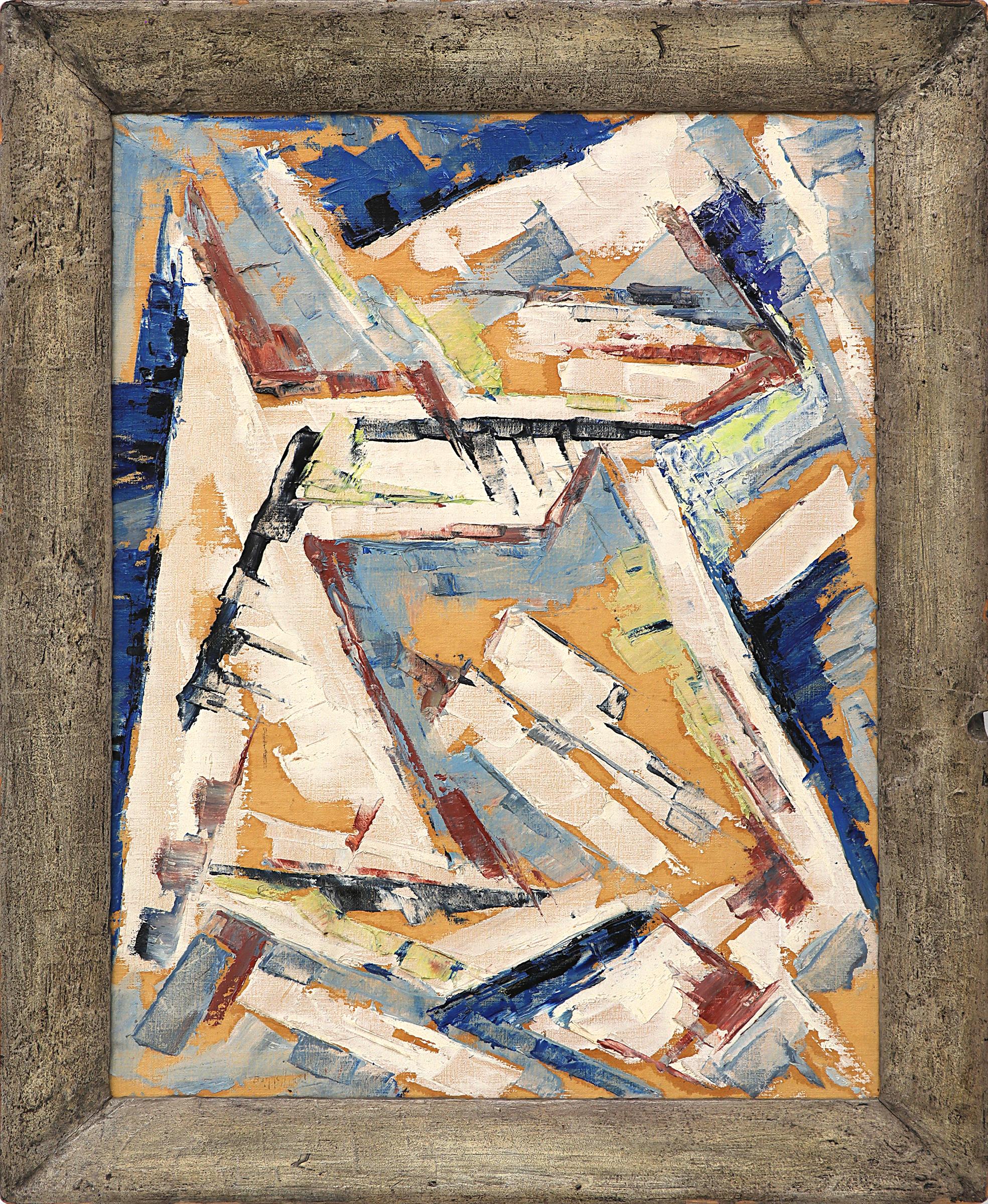 Charles Ragland Bunnell Abstract Painting – Komposition in Rot und Blau - Abstraktes expressionistisches Ölgemälde aus den 1950er Jahren