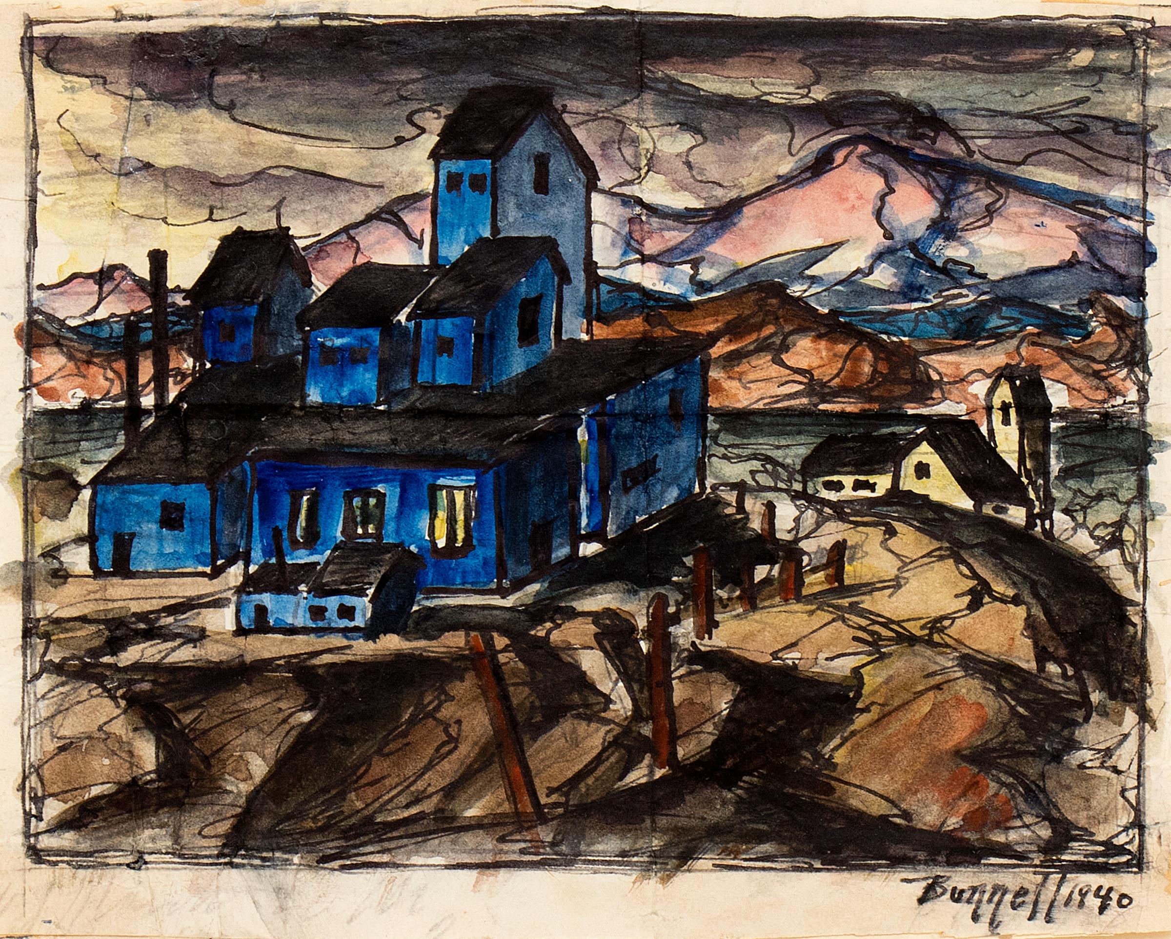 Cripple Creek Victor Mine, Colorado-Berglandschaft, Aquarellmalerei, 1940 – Painting von Charles Ragland Bunnell