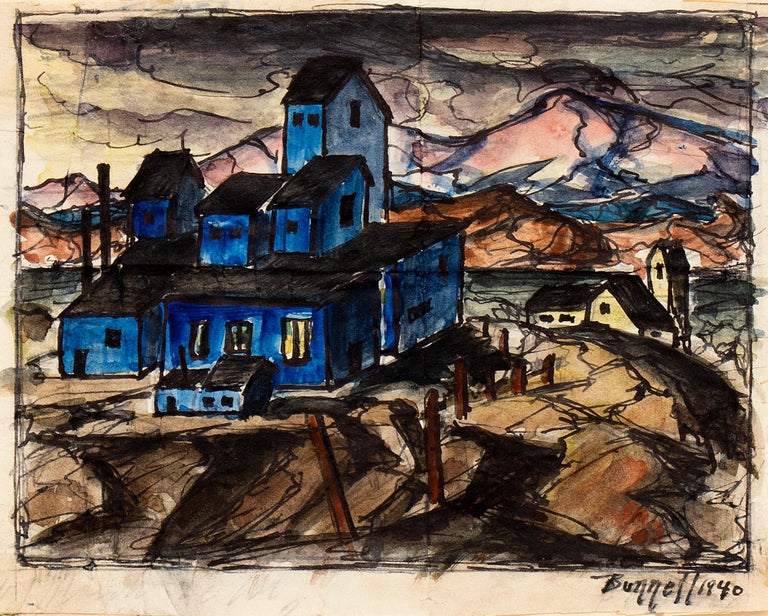Cripple Creek Victor Mine, Colorado Mountain Landscape, 1940 Watercolor Painting - Orange Landscape Painting by Charles Ragland Bunnell