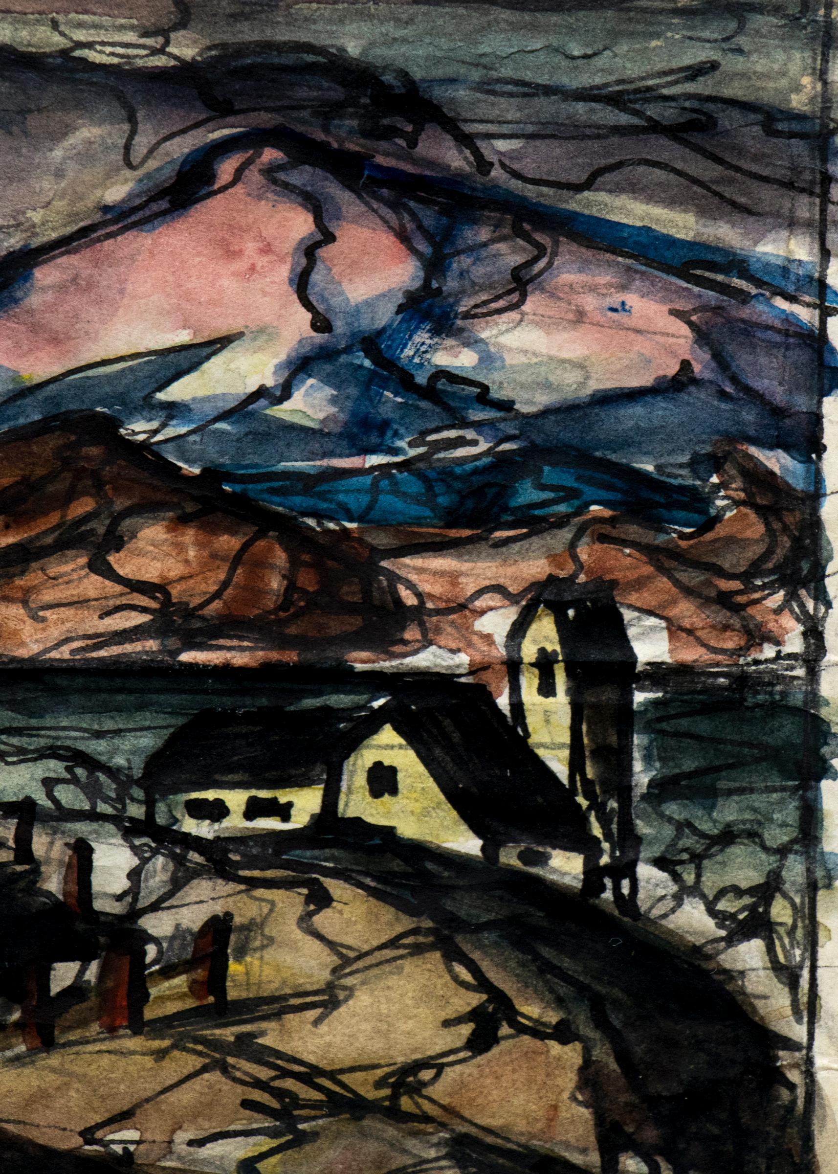 Original signed watercolor on paper painting by Charles Ragland Bunnell from 1940 of Cripple Creek or Victor Mine located in Colorado. Mine buildings with mountains in the background painted in colors of blue, black, and brown. Presented in a custom