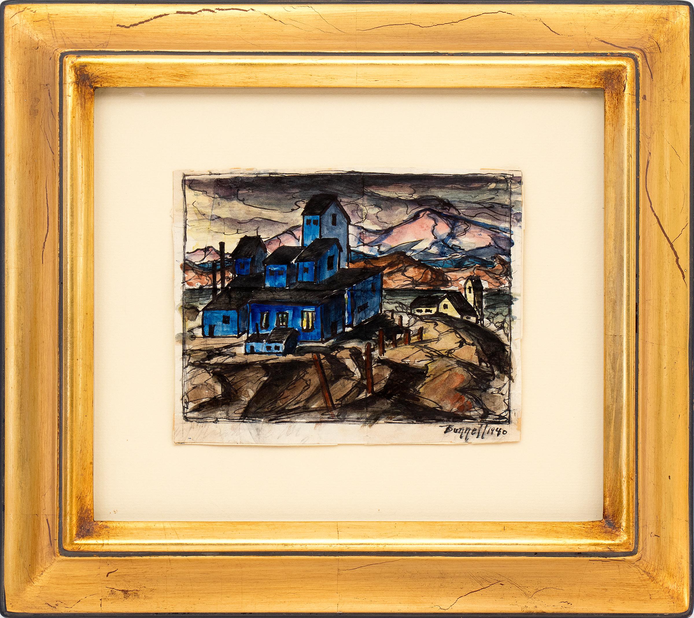 Cripple Creek Victor Mine, Colorado Mountain Landscape, 1940 Watercolor Painting