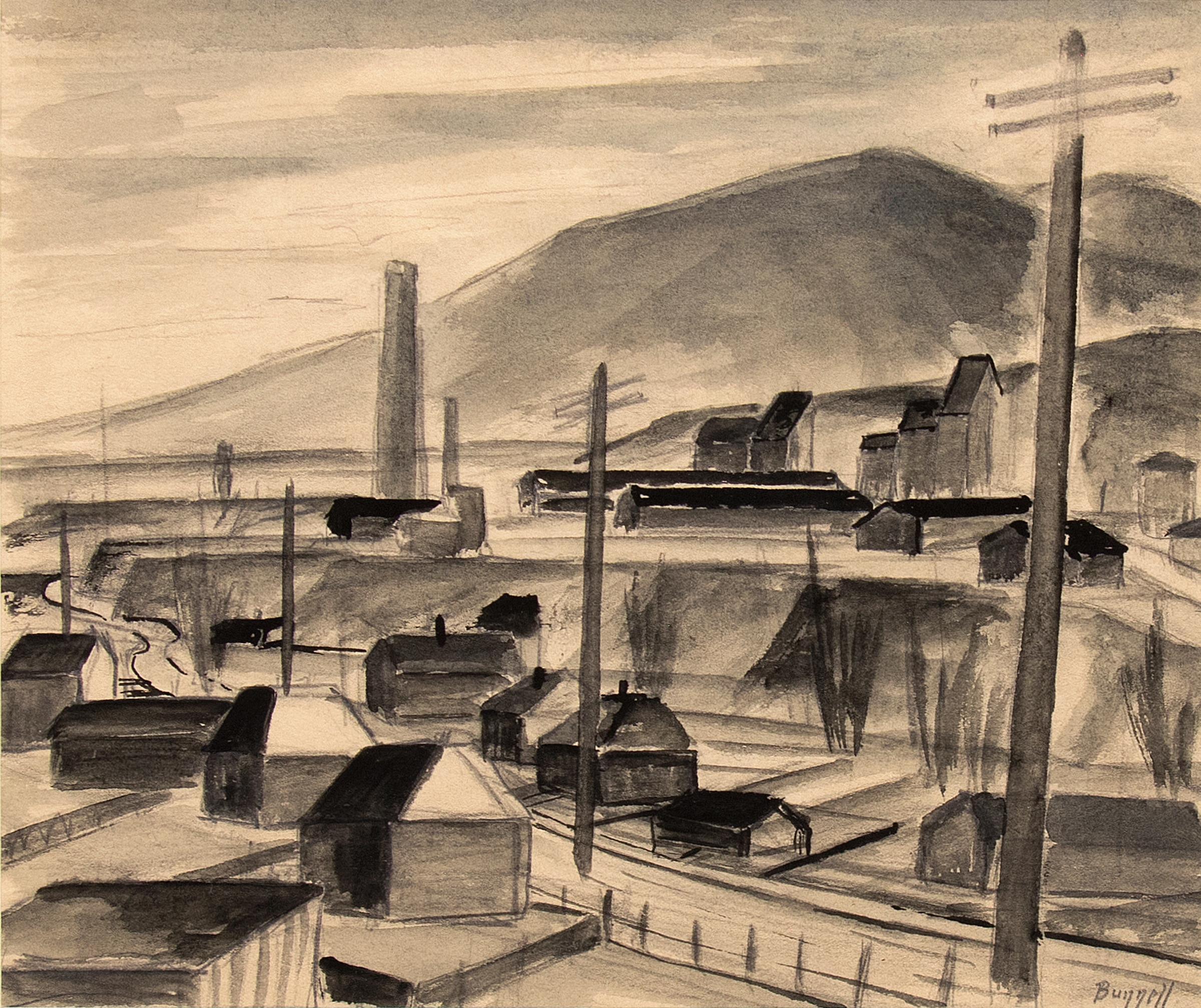 Golden Cycle Mill, Colorado, 1940s WPA Mining Watercolor Landscape, Black White - Painting by Charles Ragland Bunnell