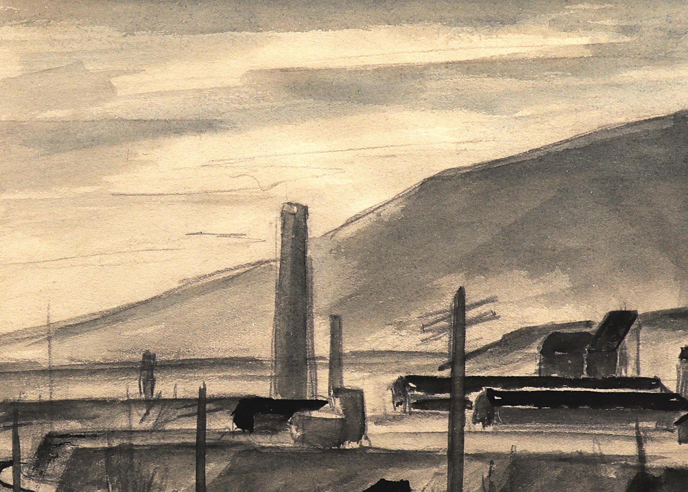 Original-Aquarell auf Papier aus den 1940er Jahren von Charles Ragland Bunnell, das eine halb abstrahierte Ansicht der Golden Cycle Mill in Colorado Springs, Colorado, zeigt. Bemalt in Schwarz- und Grautönen. Das Bild wird in einem schwarzen Rahmen