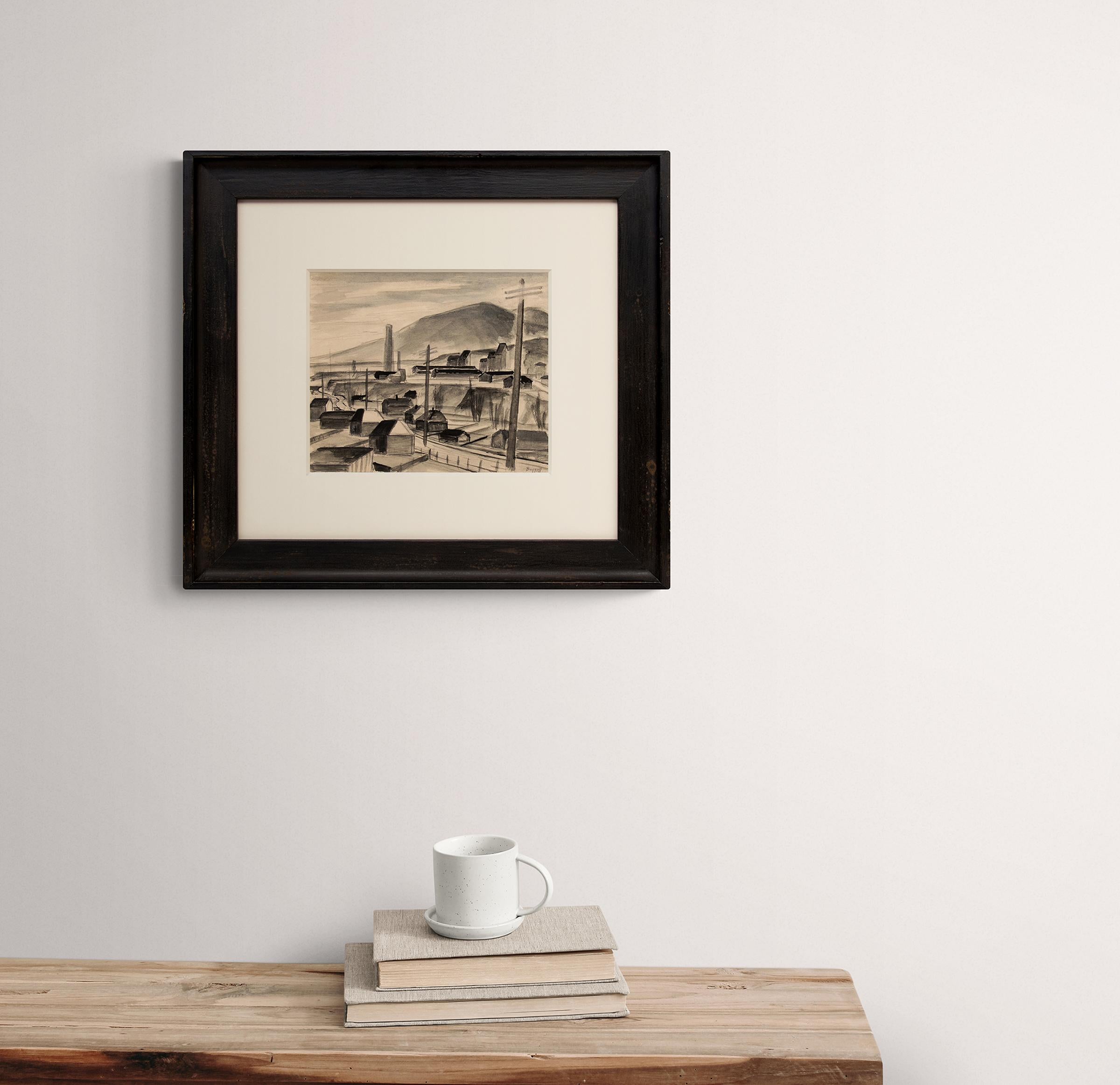Original 1940s watercolor on paper painting by Charles Ragland Bunnell portraying a semi abstracted view of Golden Cycle Mill in Colorado Springs, Colorado. Painted in shades of black and gray. Presented in a custom black frame, outer dimensions