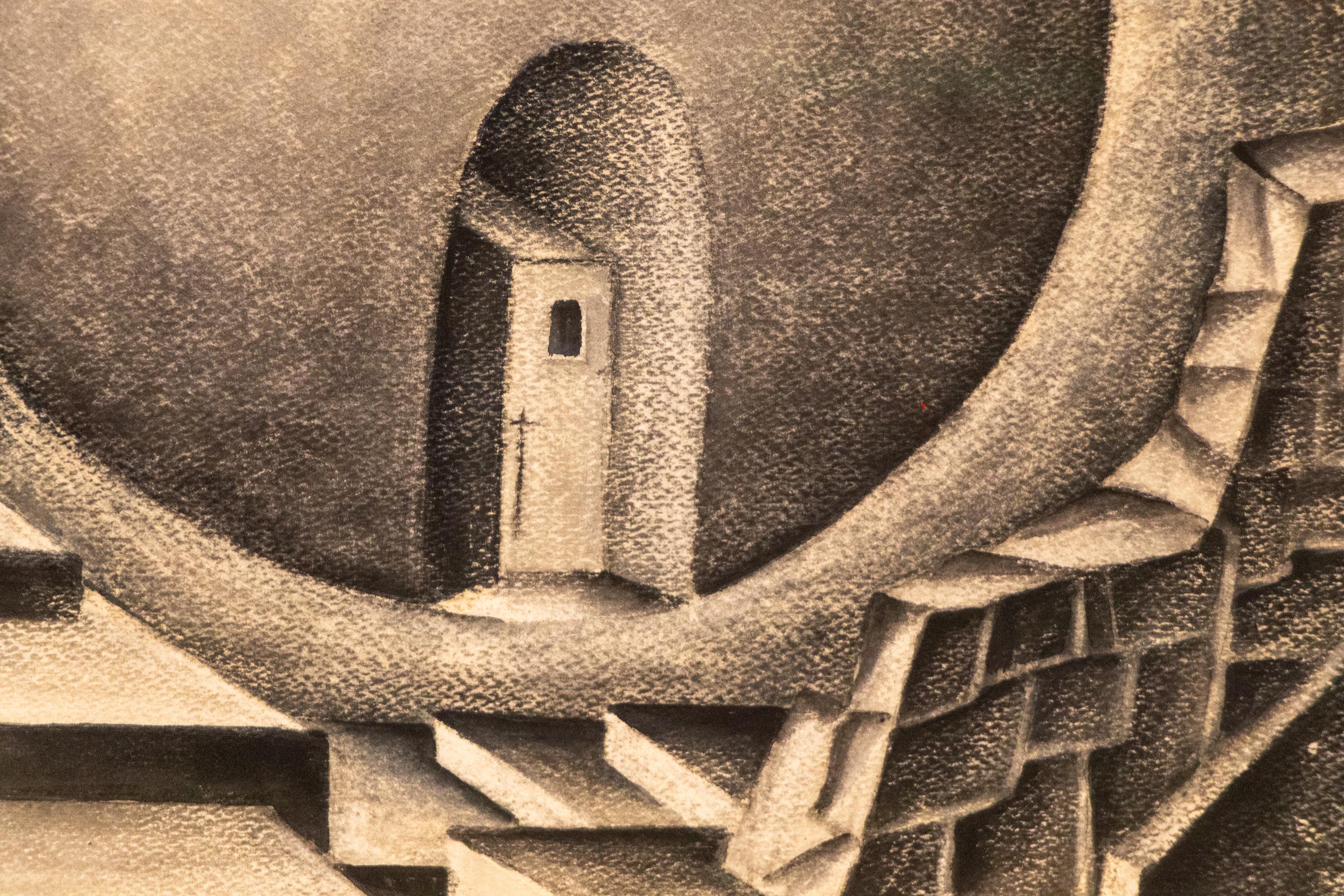 Man in His Search for God, 1939, peinture à la gouache à l'échelle grise originale de l'ère WPA - Futuriste Painting par Charles Ragland Bunnell