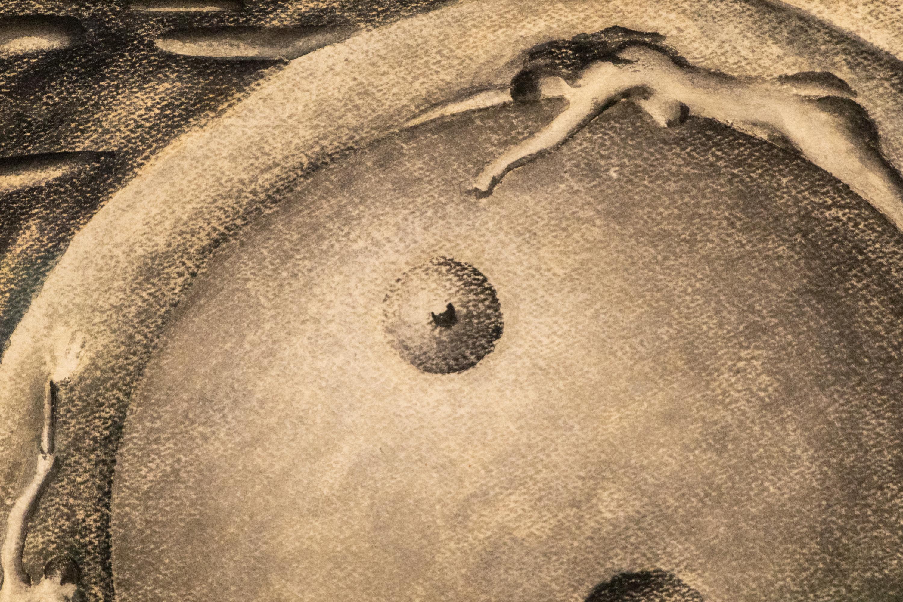 Man in His Search for God, 1939, peinture à la gouache à l'échelle grise originale de l'ère WPA - Marron Figurative Painting par Charles Ragland Bunnell