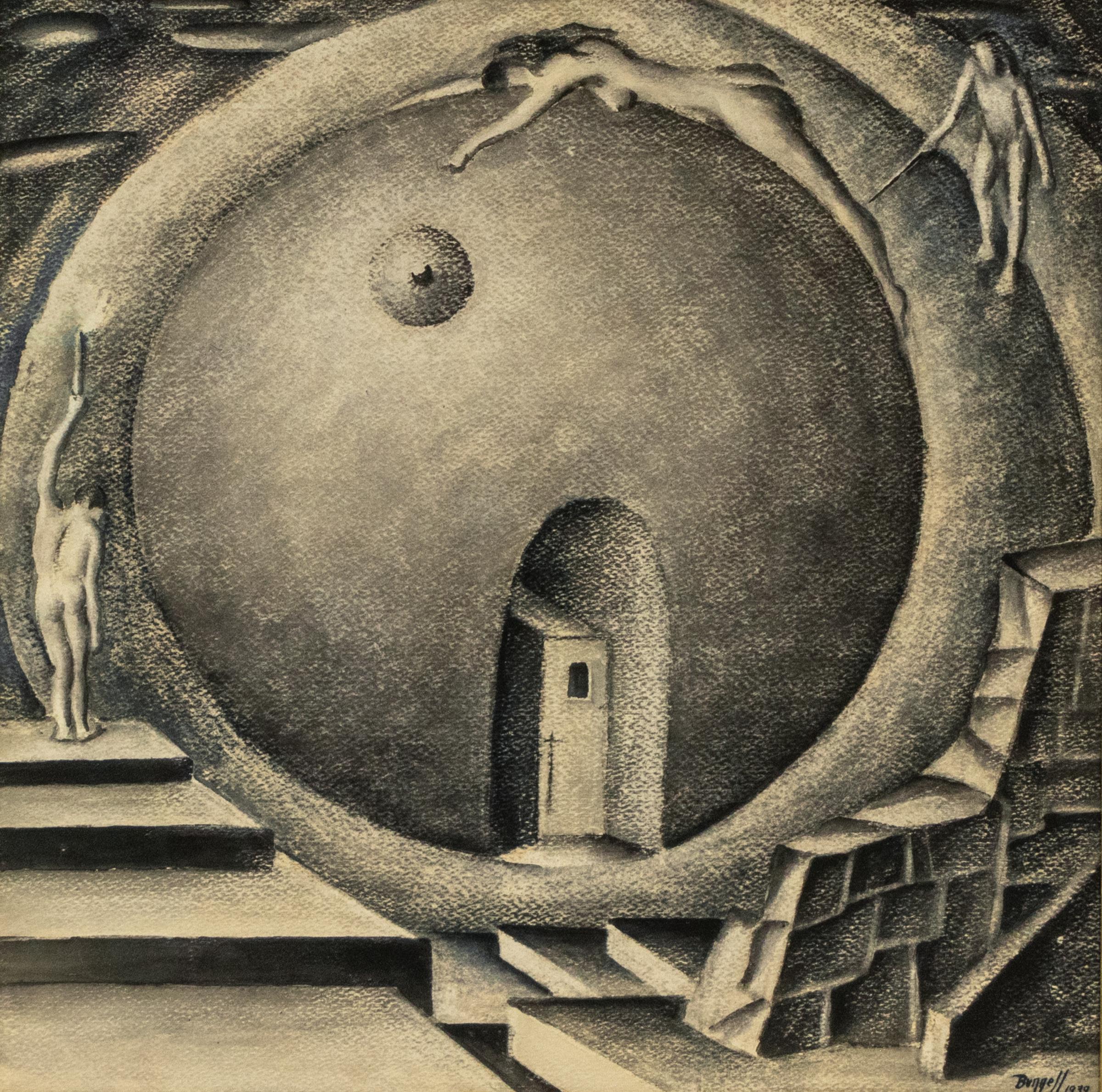 Charles Ragland Bunnell Figurative Painting – Der Mensch auf der Suche nach Gott, WPA-Ära 1939 Original-Grauwandgemälde