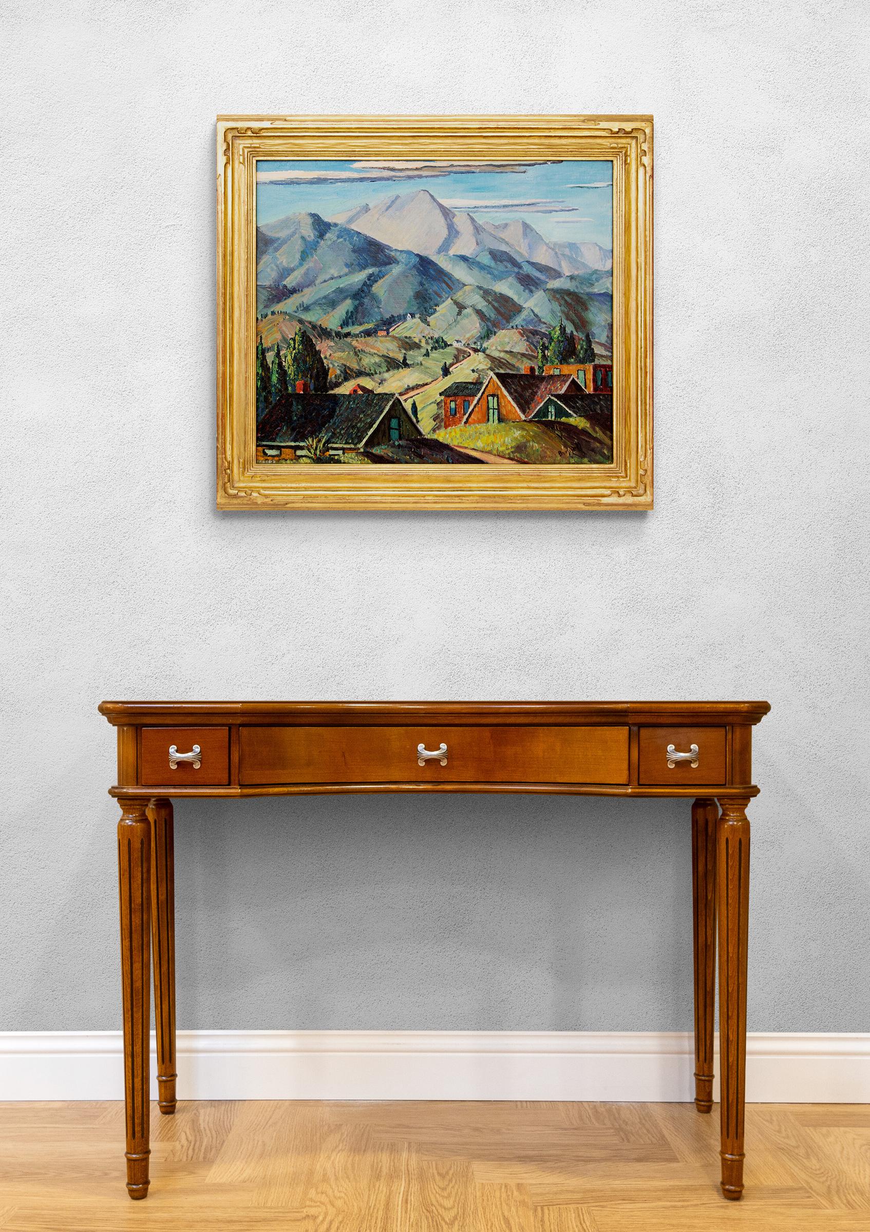 Ölgemälde auf Leinwand von Charles Ragland Bunnell (1897-1968) um 1928-1929, das ein Manitou in Colorado mit Blick auf den Pikes Peak zeigt. Berglandschaftsmalerei des frühen 20. Jahrhunderts. Die Außenmaße betragen 28 ¼ x 32 ⅛ x 1 ¾ Zoll und werden