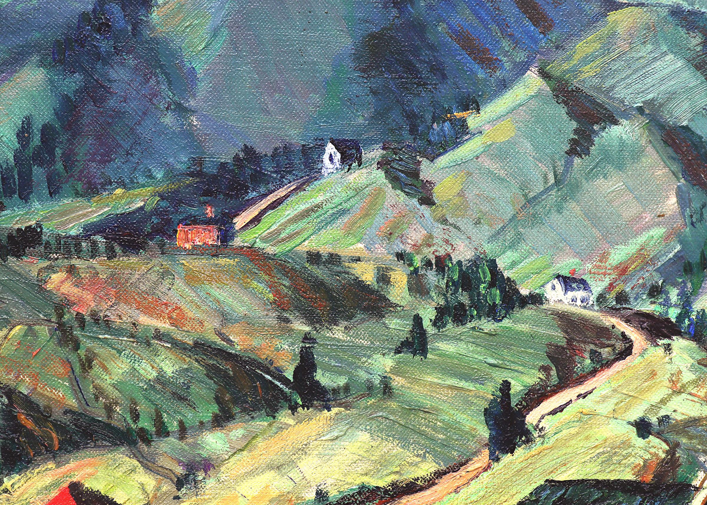 Pintura al óleo de paisaje montañoso de los años 20 de Manitou, Colorado, con vista de Pikes Peak en venta 3