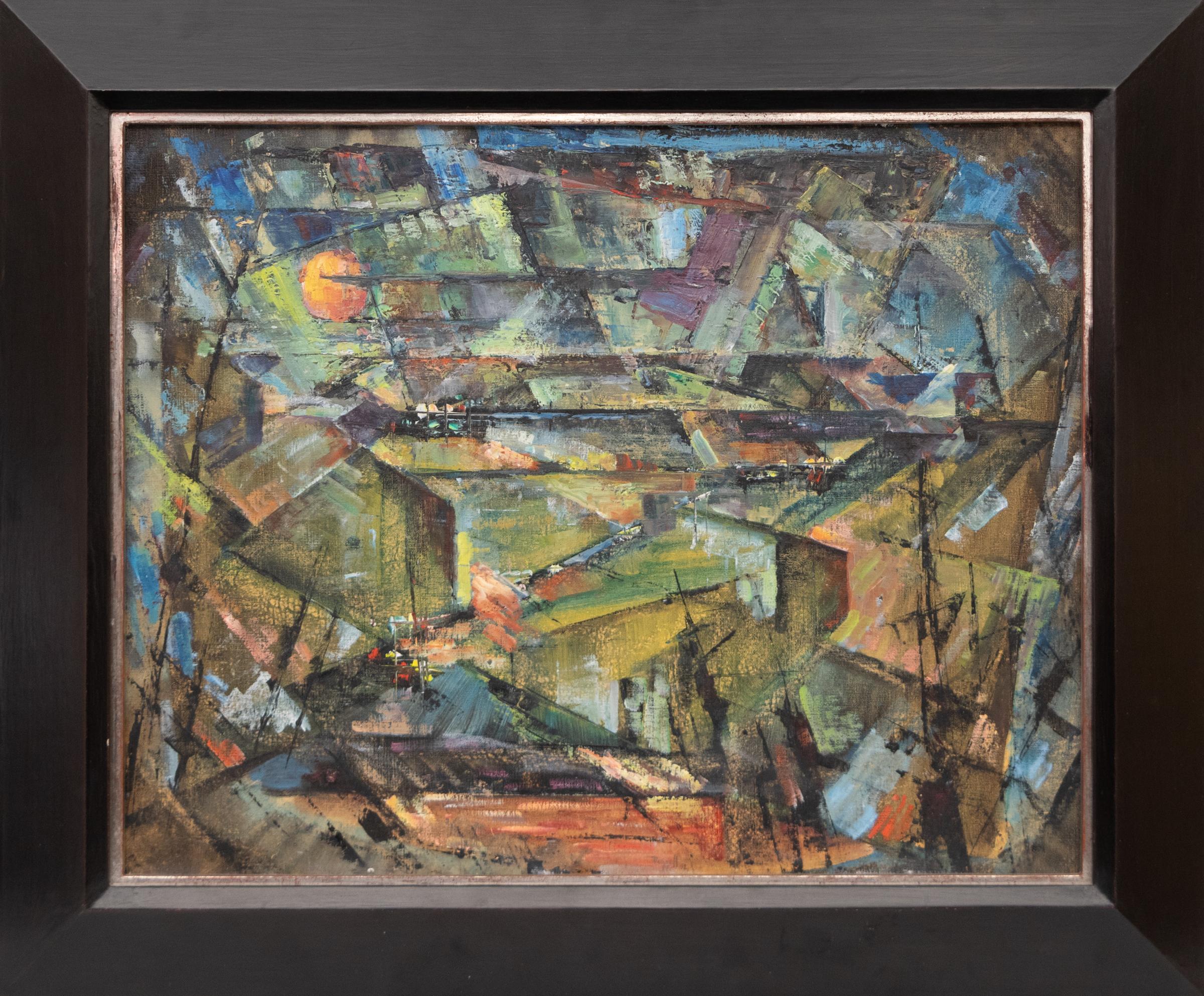 Il sorgere della luna su Colorado Springs: Pittura ad olio astratta degli anni '50 Greene & Greene & Greene - Painting Astratto di Charles Ragland Bunnell