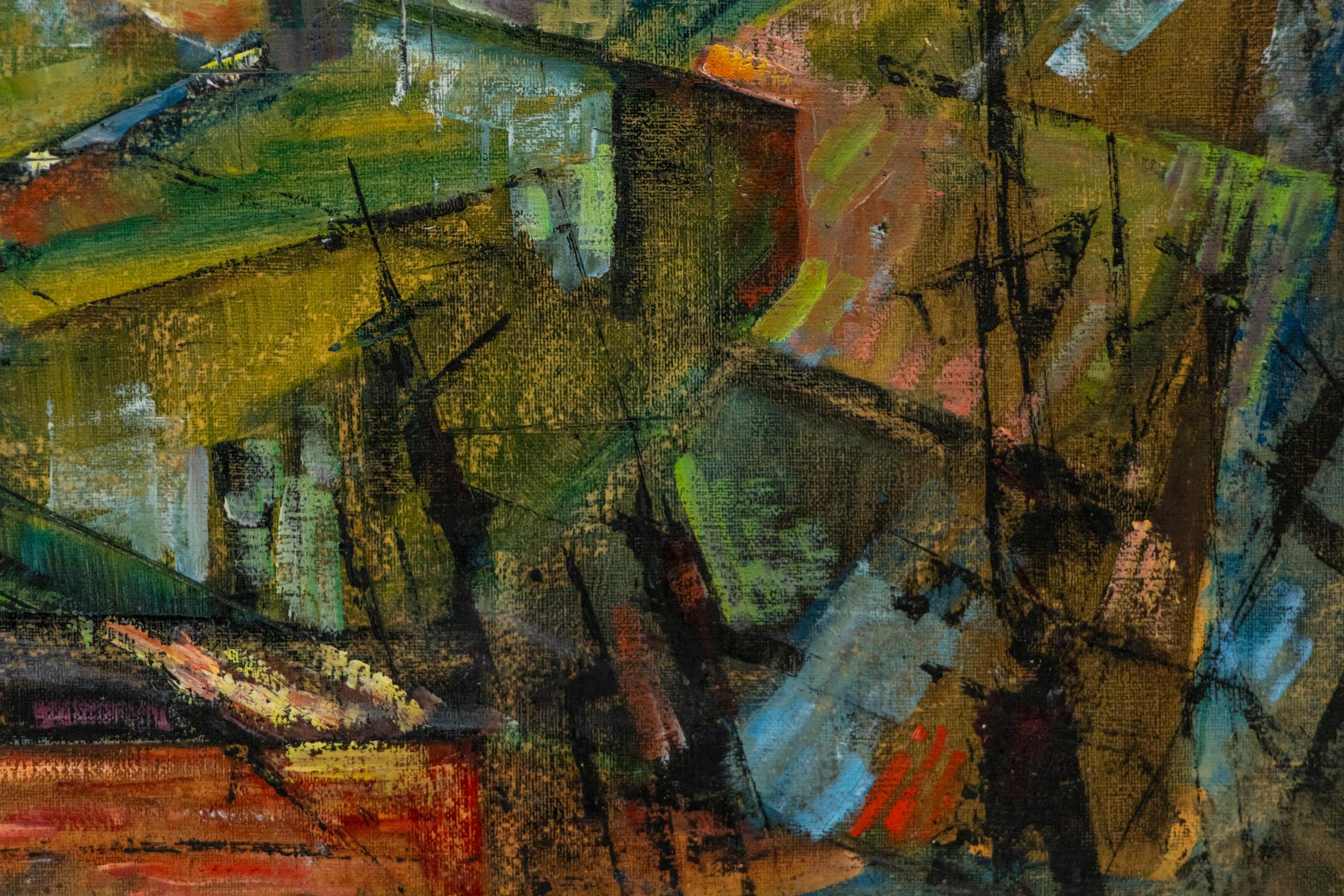 Il sorgere della luna su Colorado Springs: Pittura ad olio astratta degli anni '50 Greene & Greene & Greene in vendita 1