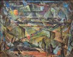 Moonrise Over Colorado Springs: 1950s Abstract Oil Painting Green, Blue & Ochre
