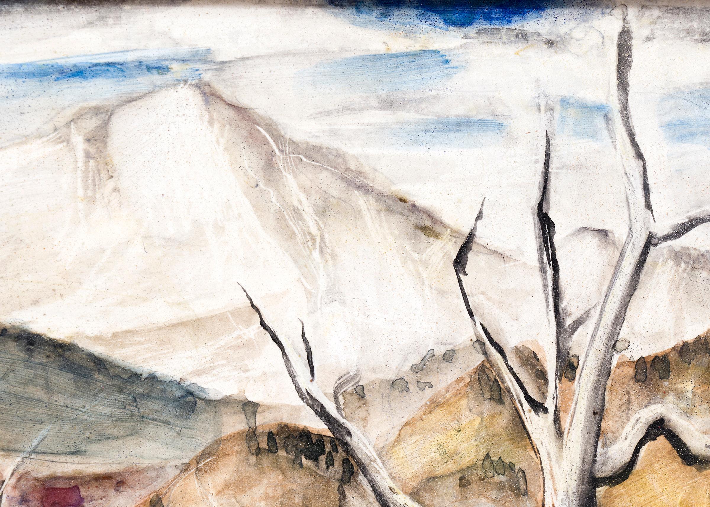 Peinture originale de 1931 d'un paysage du Colorado avec des feuilles d'automne et le Pikes Peak recouvert de neige par Charles Bunnell (1897-1968).  Inscription au verso, 