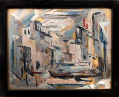 Vintage 1950s Abstracted City Scape (New York) Oil Painting With Buildings, Red and Blue