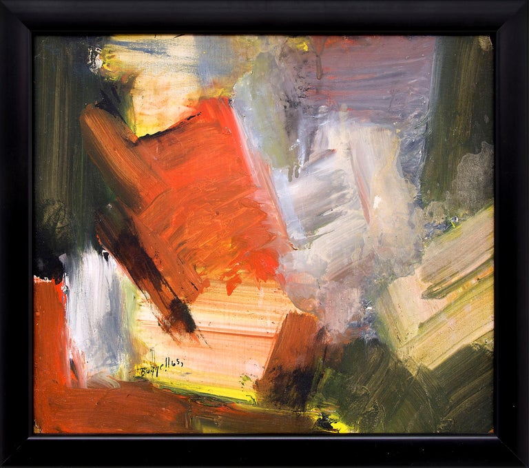 Original vintage 1965 abstract expressionist oil painting by Colorado artist, Charles Bunnell (1897-1968).  Painted in colors of Red, Gray, Green, Black and Yellow.   Presented in a custom frame, outer dimensions measure 12 x 13 ⅜ inches.  Image