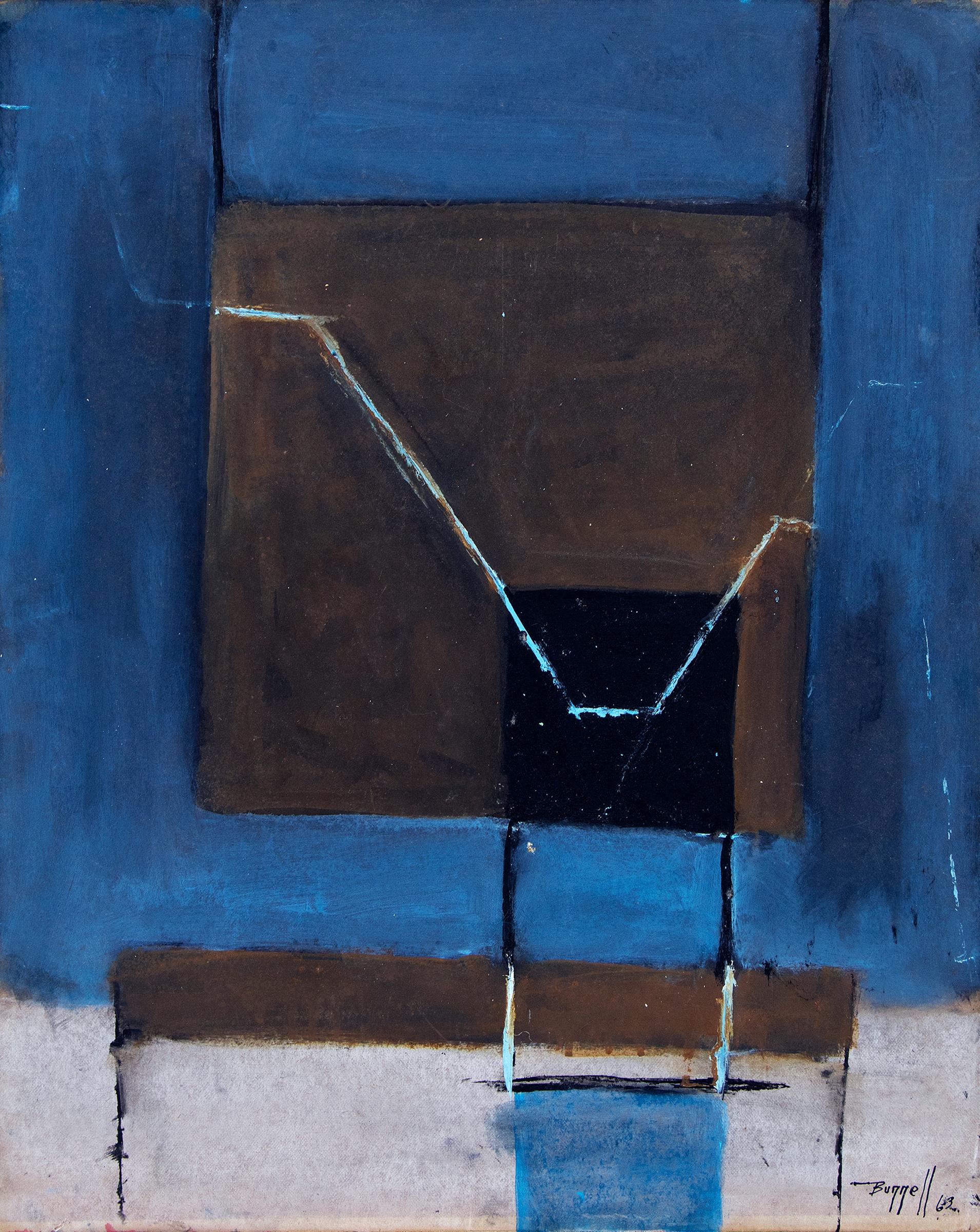 Abstraktes Gemälde in Blau, Grau & Schwarz, Vintage 1960er Jahre Mid Century Modern Art – Painting von Charles Ragland Bunnell