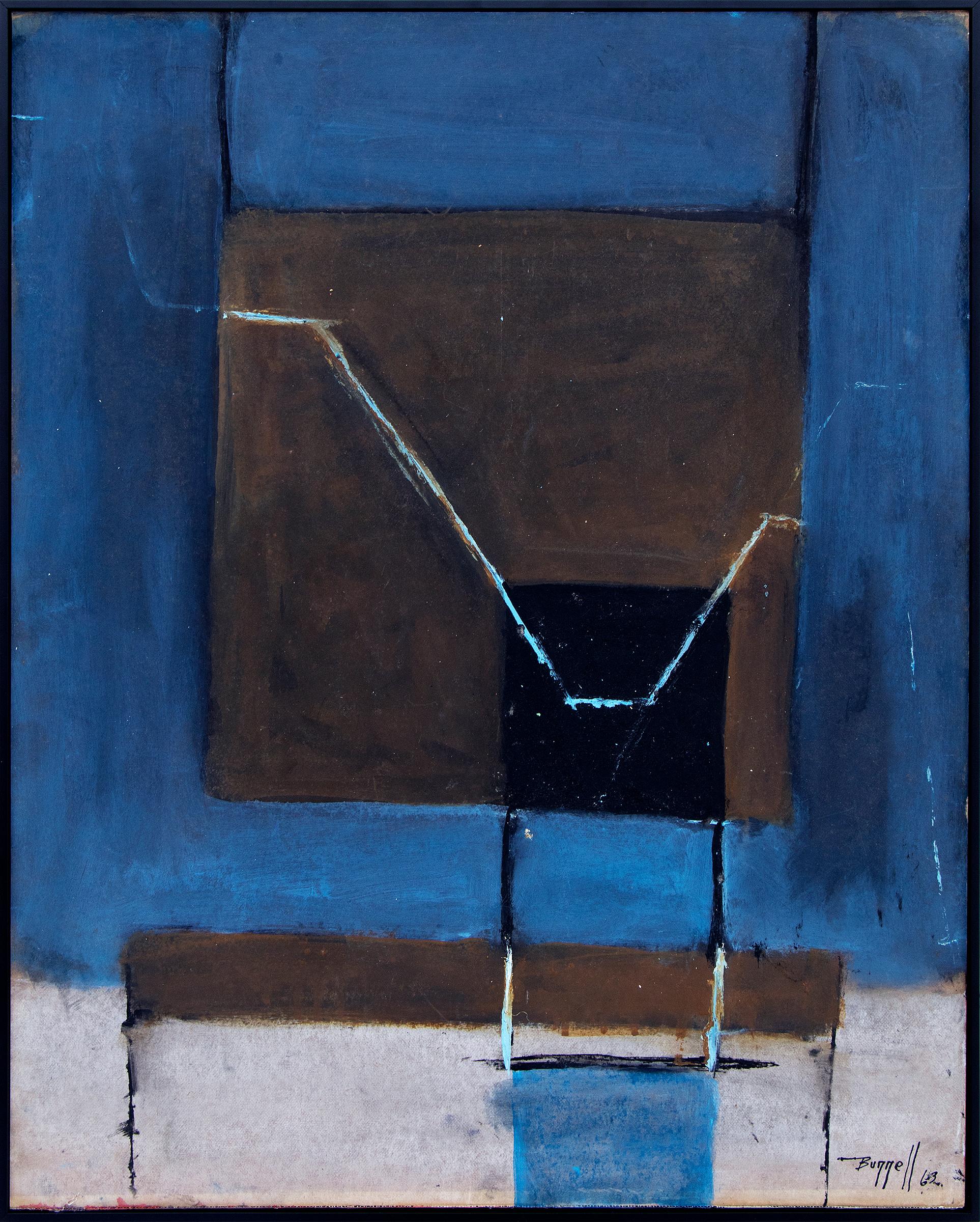 Este cuadro abstracto original de 1963 es una impresionante obra de Charles Ragland Bunnell (1897-1968), un destacado artista de Colorado Springs conocido por sus contribuciones al arte moderno de mediados de siglo. Creada en la década de 1960, esta